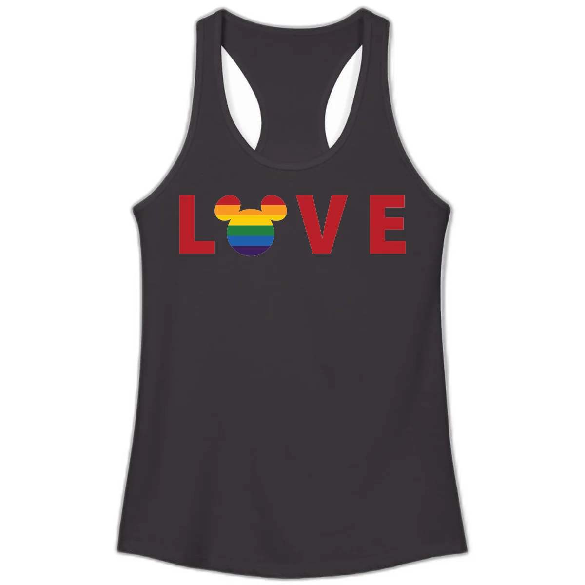 Love Pride Mouse Ears design featuring bold red LOVE text with rainbow-striped Mickey Mouse head combining Disney and LGBTQ Pride imagery in Black