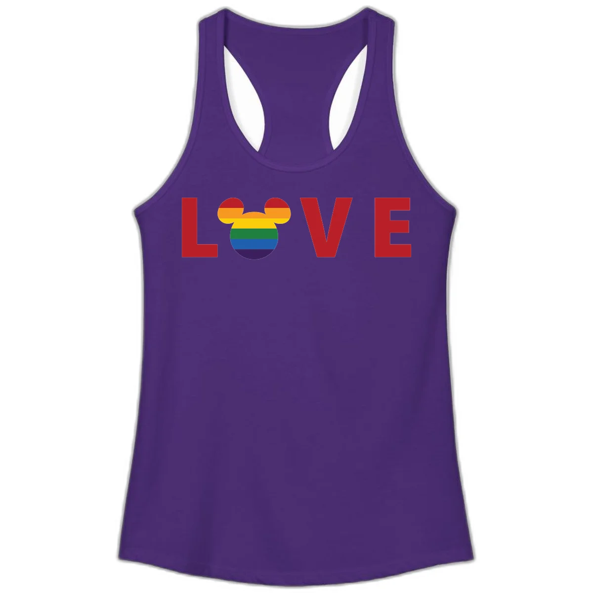 Love Pride Mouse Ears design featuring bold red LOVE text with rainbow-striped Mickey Mouse head combining Disney and LGBTQ Pride imagery in Solid Purple Rush