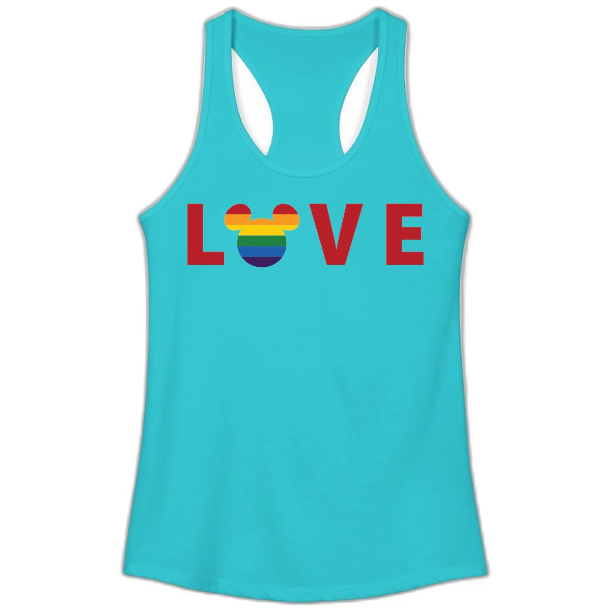 Love Pride Mouse Ears design featuring bold red LOVE text with rainbow-striped Mickey Mouse head combining Disney and LGBTQ Pride imagery in Solid Tahiti Blue