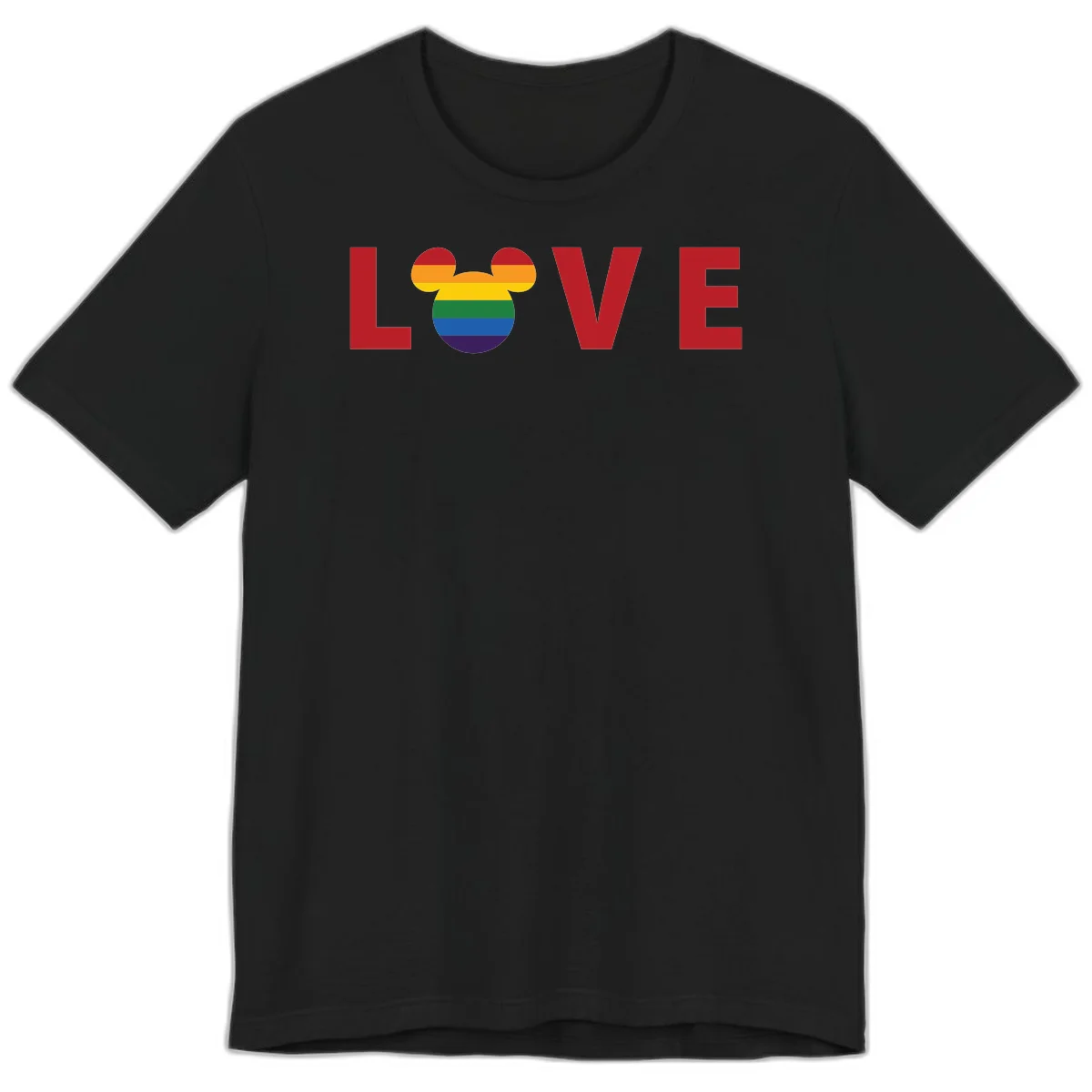 Love Pride Mouse Ears design featuring bold red LOVE text with rainbow-striped Mickey Mouse head combining Disney and LGBTQ Pride imagery in Black