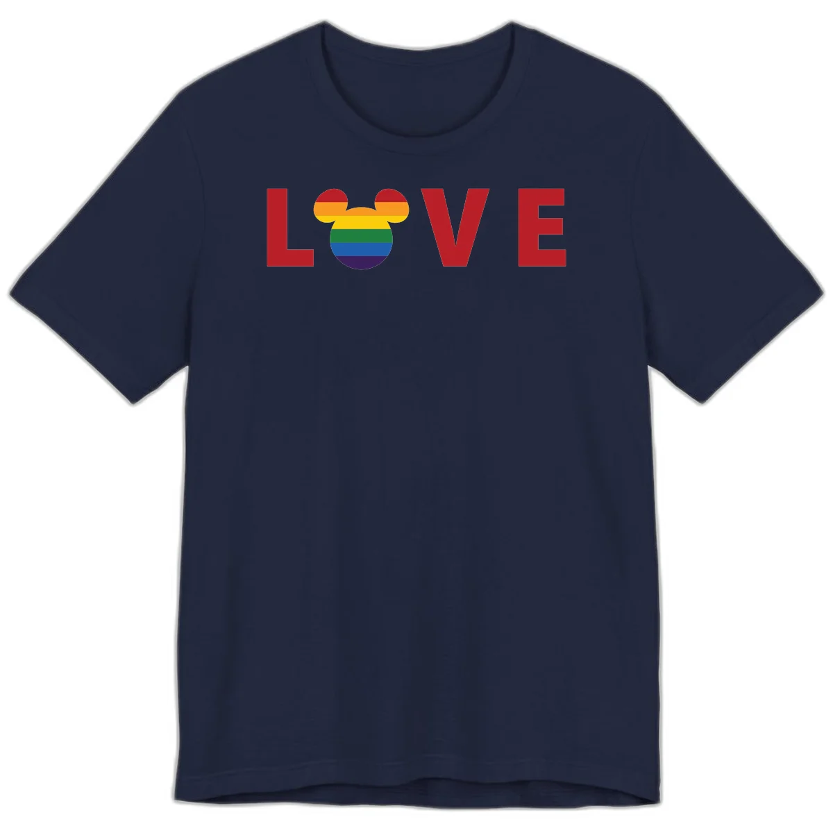 Love Pride Mouse Ears design featuring bold red LOVE text with rainbow-striped Mickey Mouse head combining Disney and LGBTQ Pride imagery in Navy