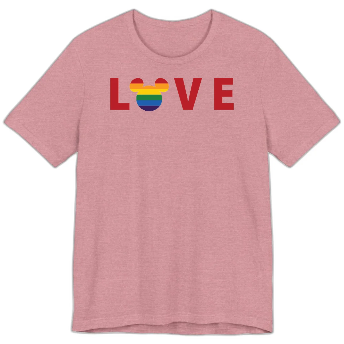 Love Pride Mouse Ears design featuring bold red LOVE text with rainbow-striped Mickey Mouse head combining Disney and LGBTQ Pride imagery in Heather Orchid