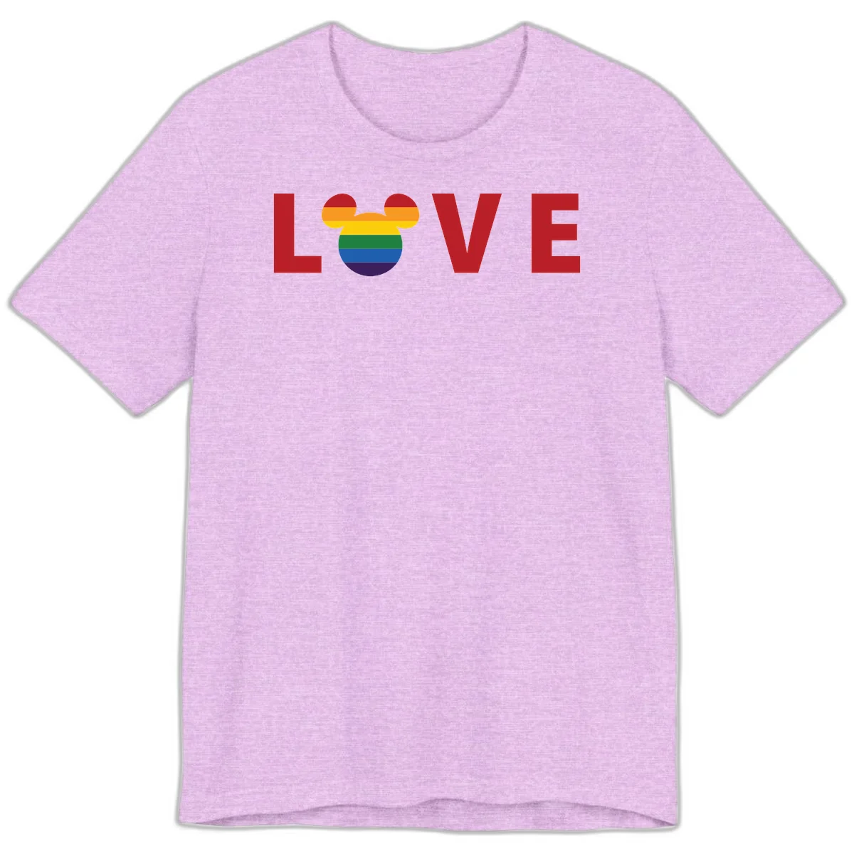 Love Pride Mouse Ears design featuring bold red LOVE text with rainbow-striped Mickey Mouse head combining Disney and LGBTQ Pride imagery in Heather Prism Lilac