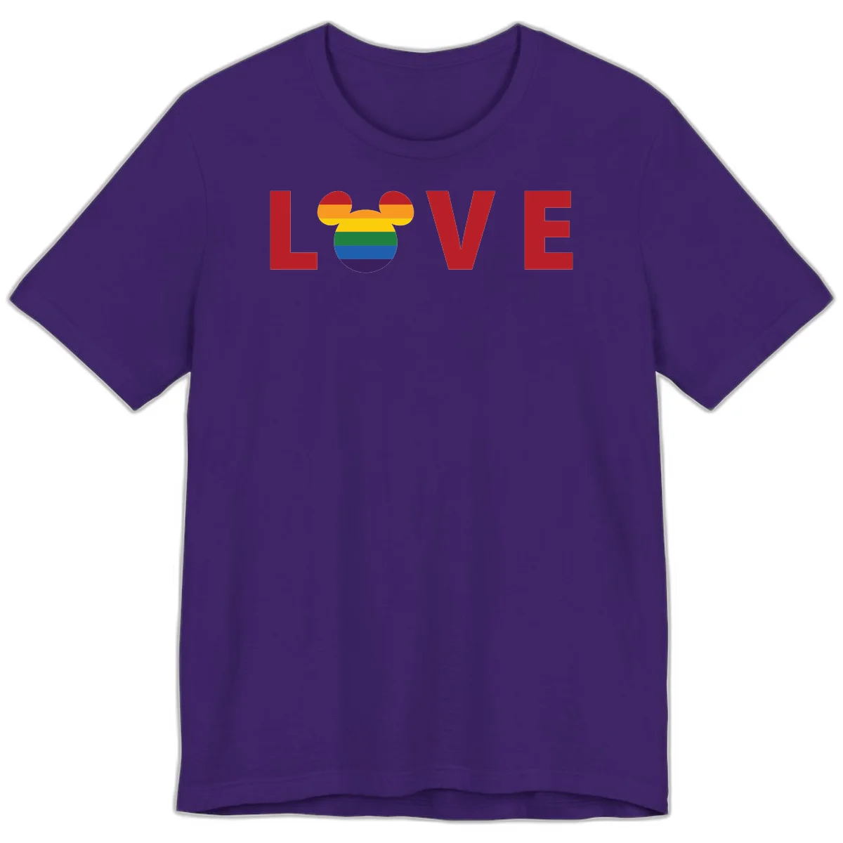 Love Pride Mouse Ears design featuring bold red LOVE text with rainbow-striped Mickey Mouse head combining Disney and LGBTQ Pride imagery in Team Purple