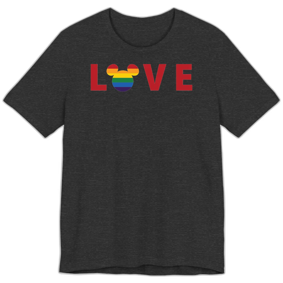 Love Pride Mouse Ears design featuring bold red LOVE text with rainbow-striped Mickey Mouse head combining Disney and LGBTQ Pride imagery in Dark Grey Heather