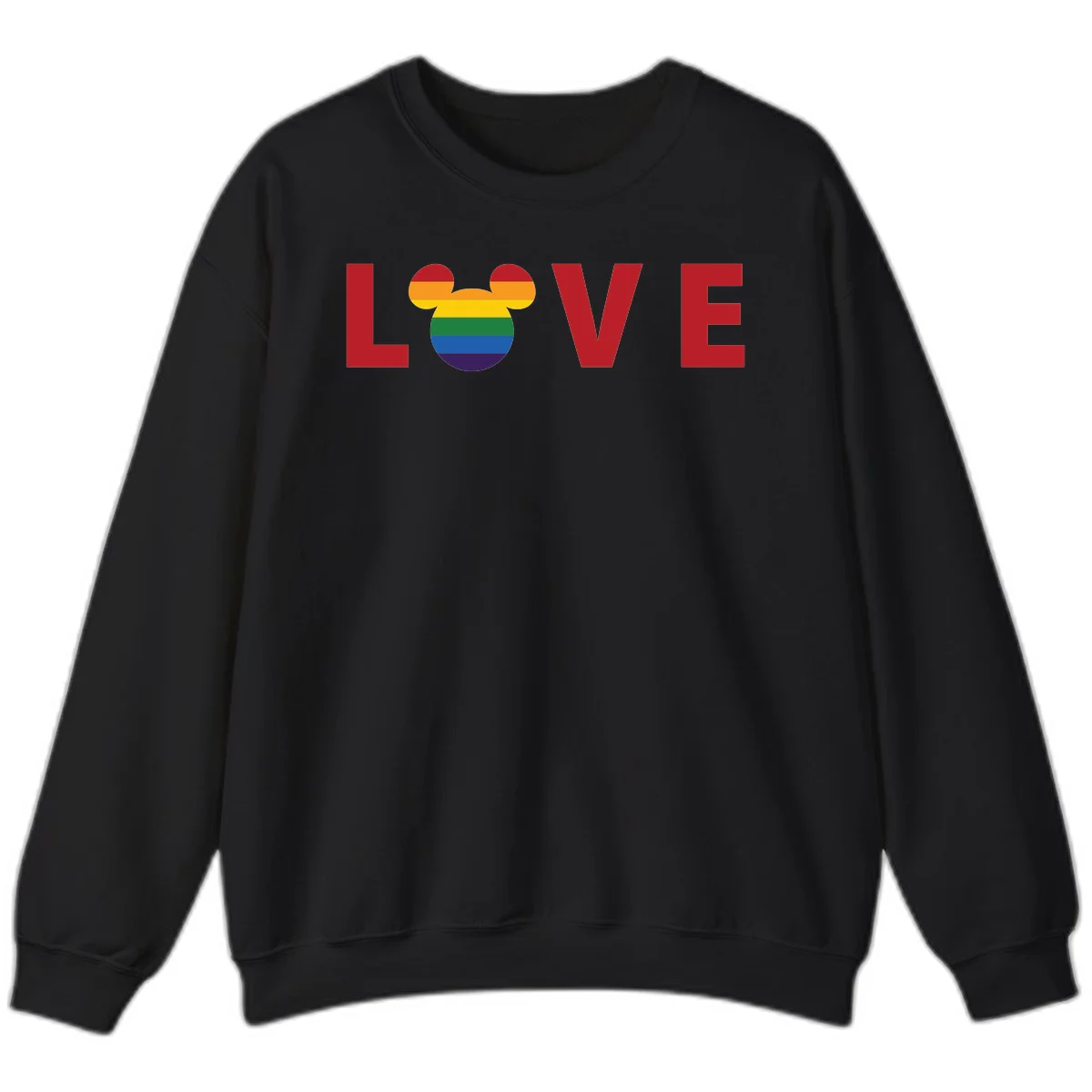 Love Pride Mouse Ears design featuring bold red LOVE text with rainbow-striped Mickey Mouse head combining Disney and LGBTQ Pride imagery in Black