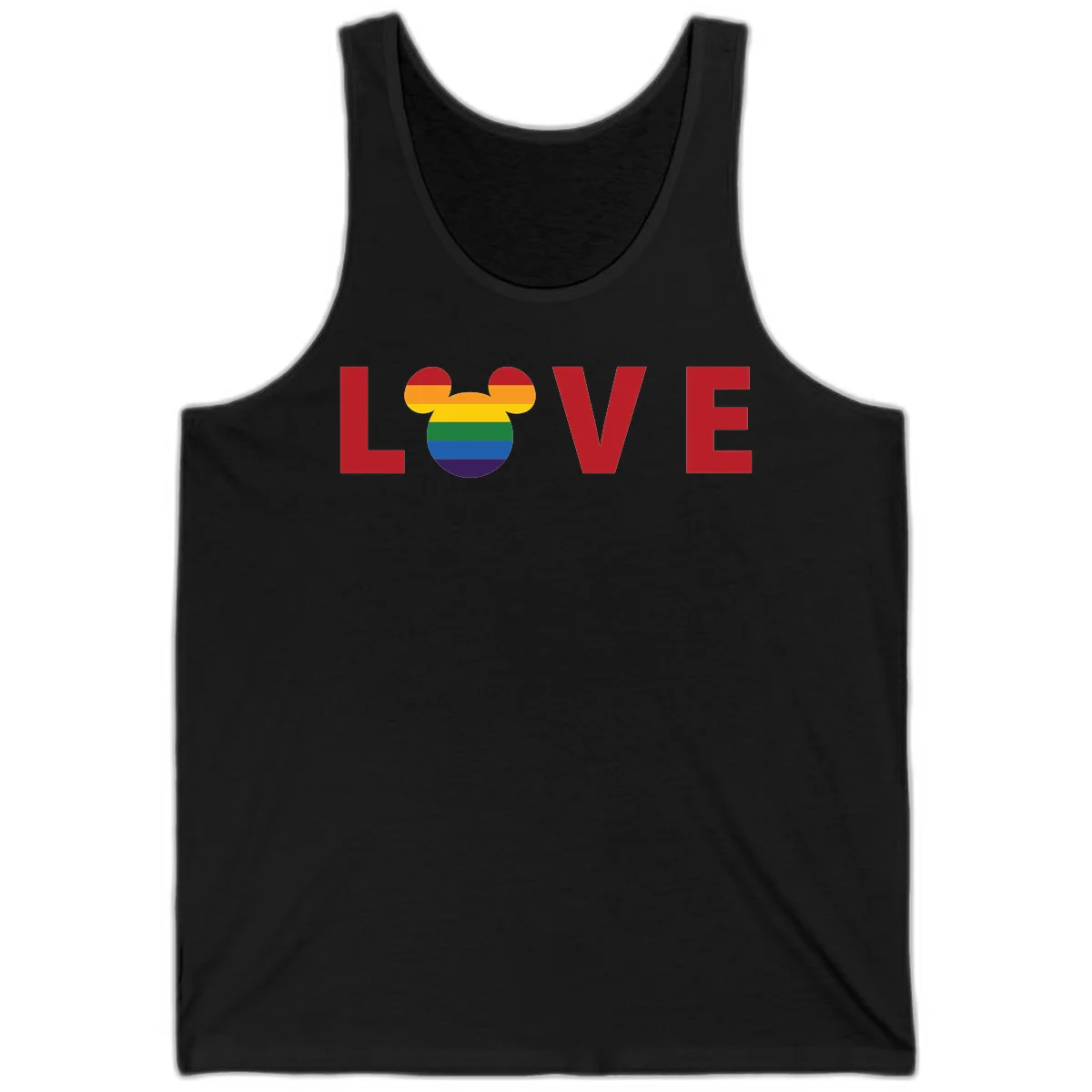 Love Pride Mouse Ears design featuring bold red LOVE text with rainbow-striped Mickey Mouse head combining Disney and LGBTQ Pride imagery in Black