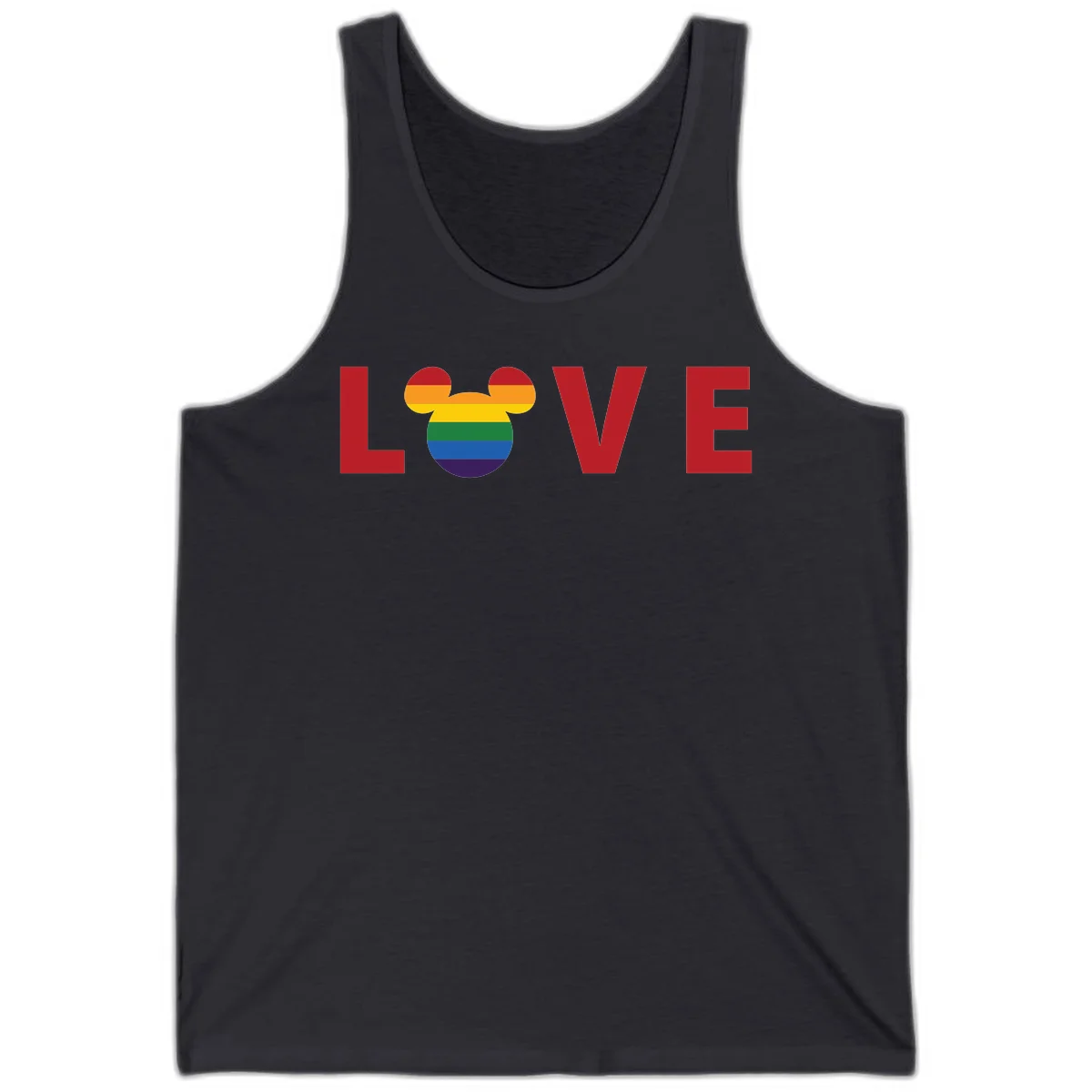 Love Pride Mouse Ears design featuring bold red LOVE text with rainbow-striped Mickey Mouse head combining Disney and LGBTQ Pride imagery in Dark Grey