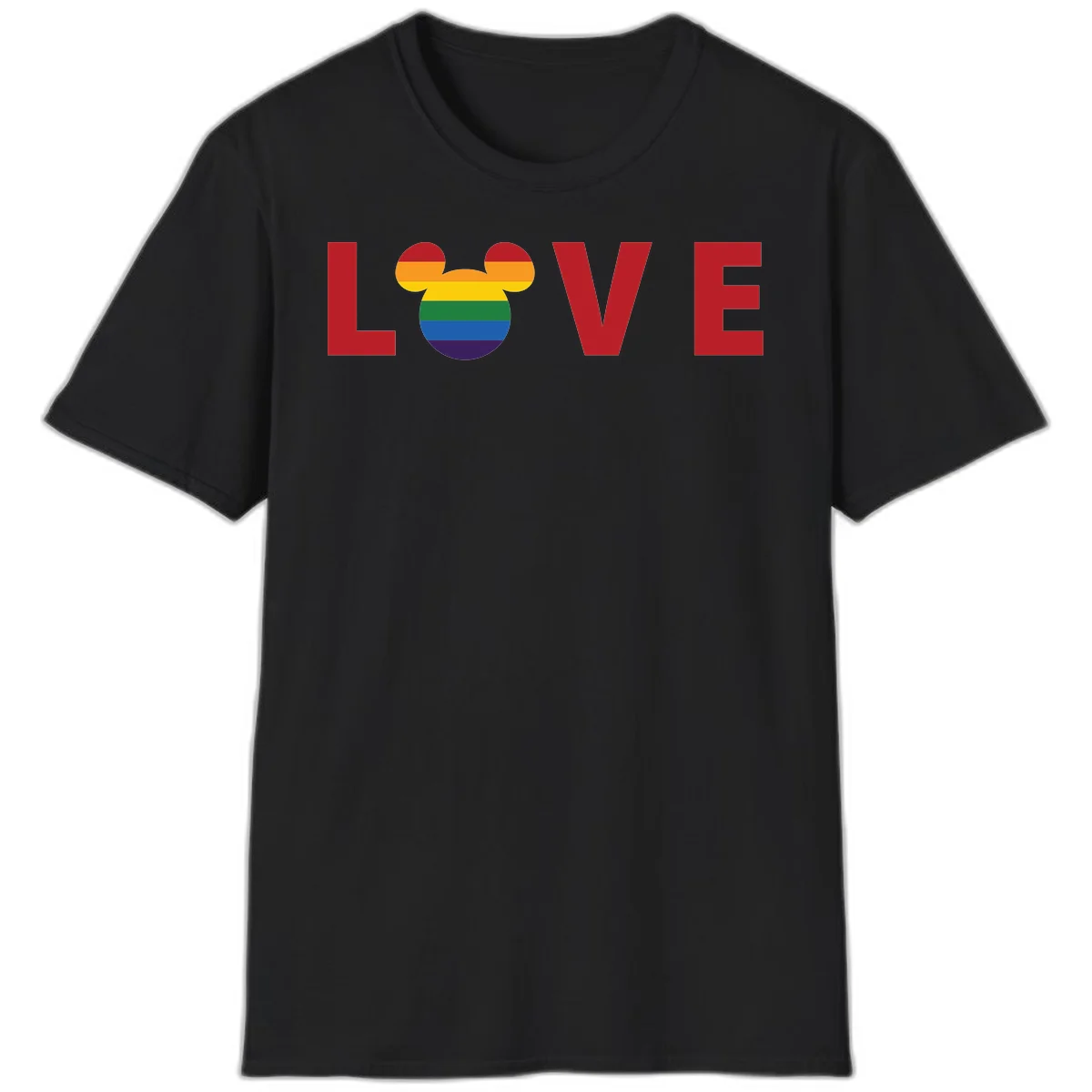 Love Pride Mouse Ears design featuring bold red LOVE text with rainbow-striped Mickey Mouse head combining Disney and LGBTQ Pride imagery in Black