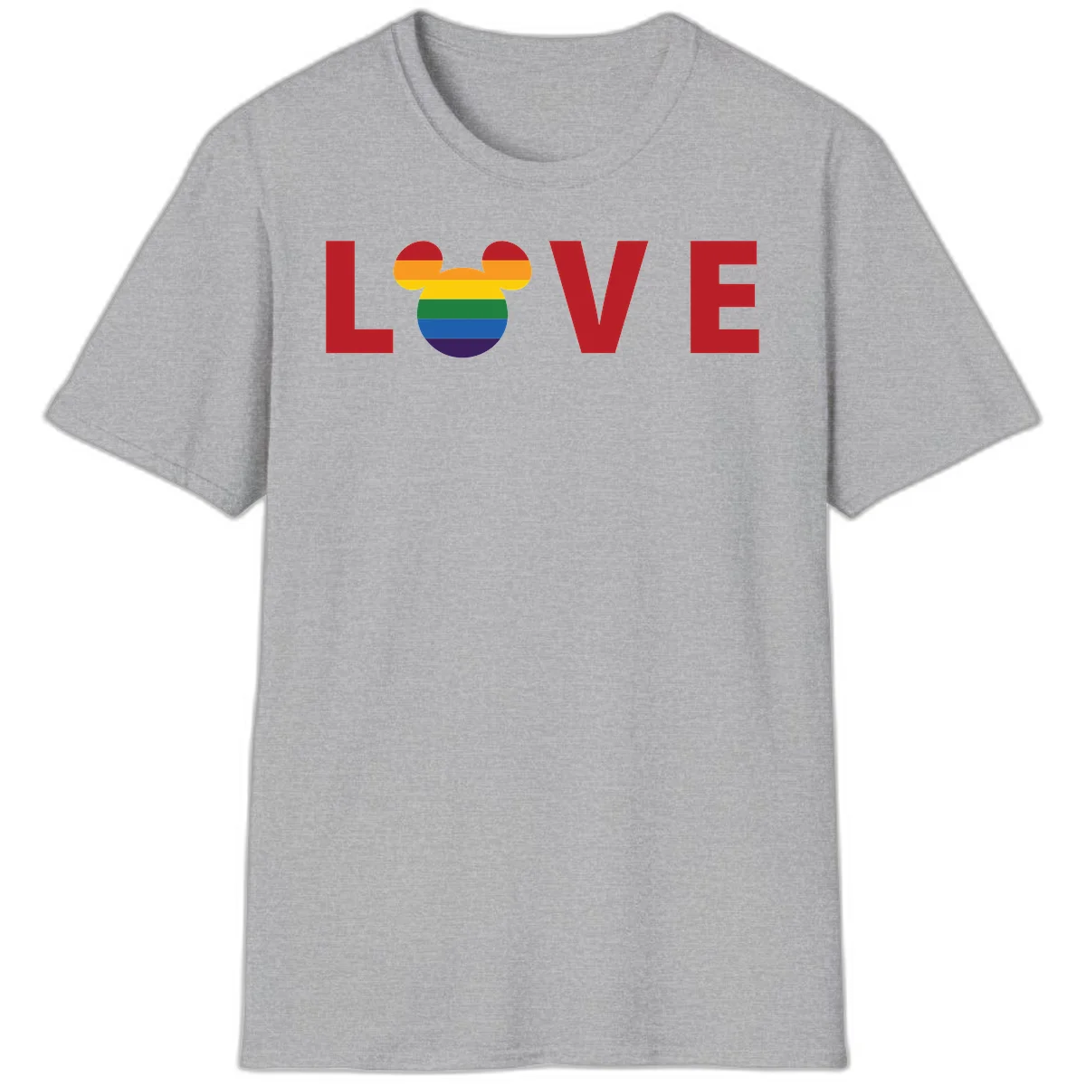 Love Pride Mouse Ears design featuring bold red LOVE text with rainbow-striped Mickey Mouse head combining Disney and LGBTQ Pride imagery in Sport Grey