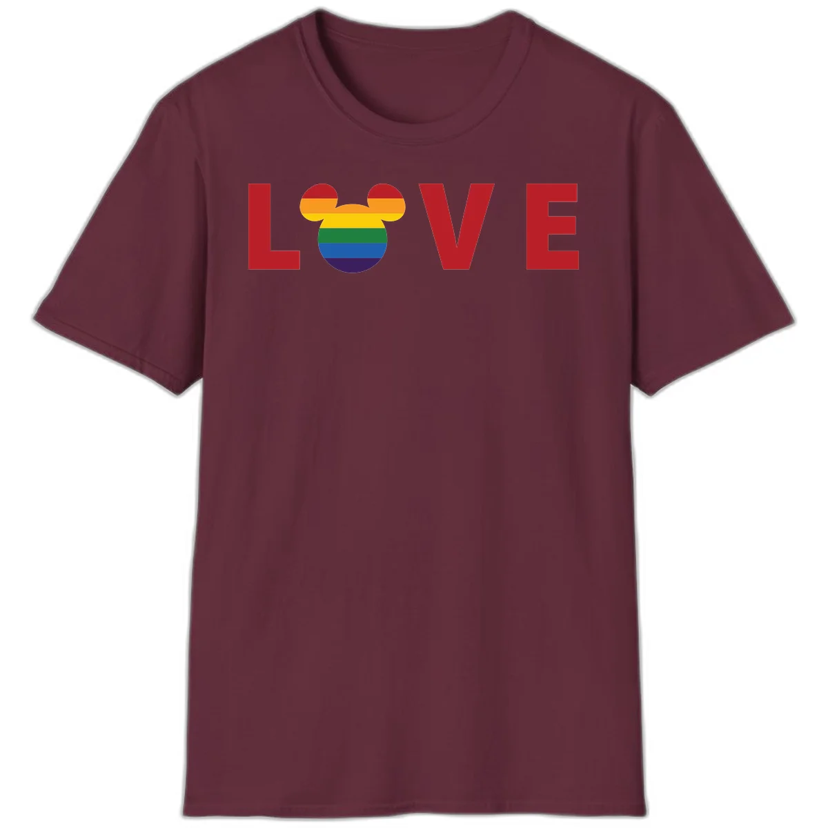 Love Pride Mouse Ears design featuring bold red LOVE text with rainbow-striped Mickey Mouse head combining Disney and LGBTQ Pride imagery in Maroon