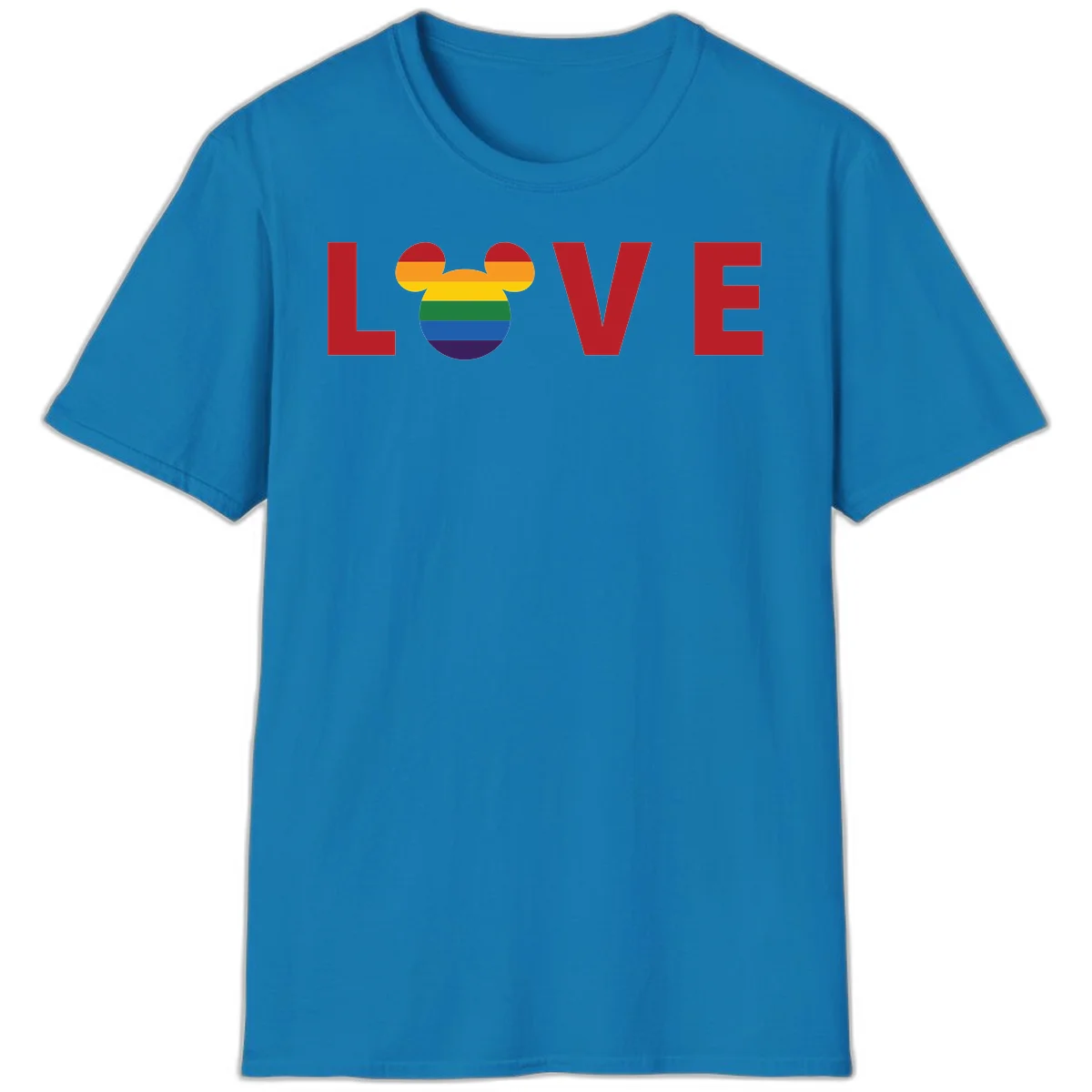 Love Pride Mouse Ears design featuring bold red LOVE text with rainbow-striped Mickey Mouse head combining Disney and LGBTQ Pride imagery in Sapphire