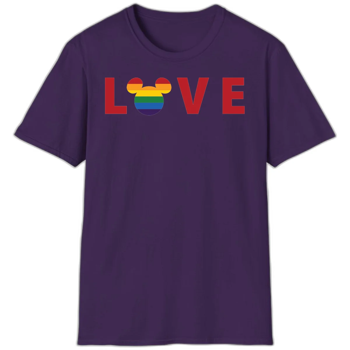 Love Pride Mouse Ears design featuring bold red LOVE text with rainbow-striped Mickey Mouse head combining Disney and LGBTQ Pride imagery in Purple