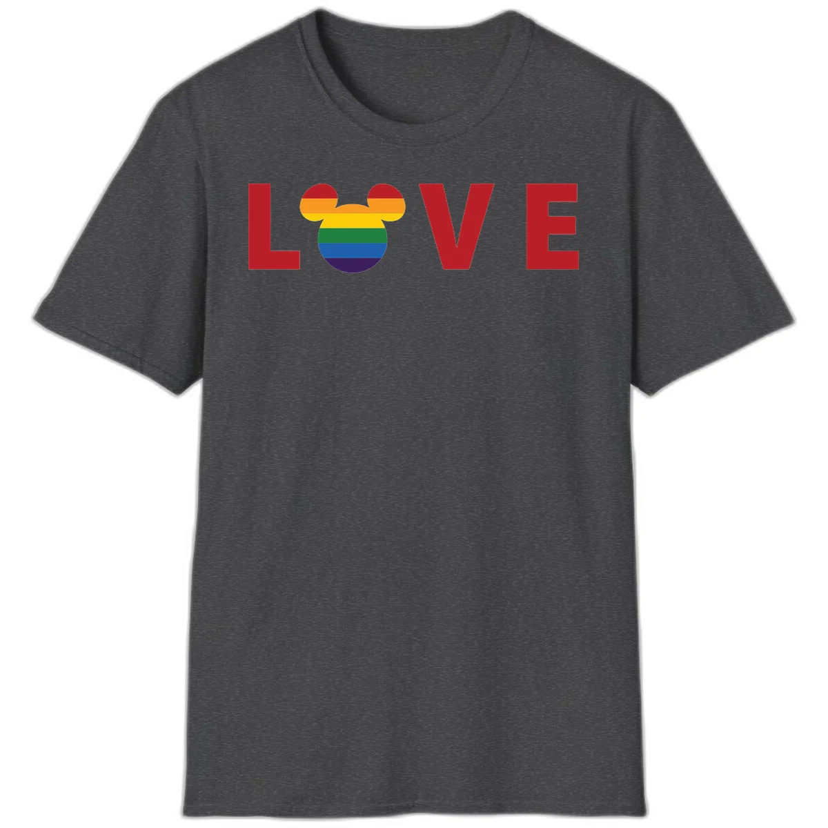Love Pride Mouse Ears design featuring bold red LOVE text with rainbow-striped Mickey Mouse head combining Disney and LGBTQ Pride imagery in Dark Heather