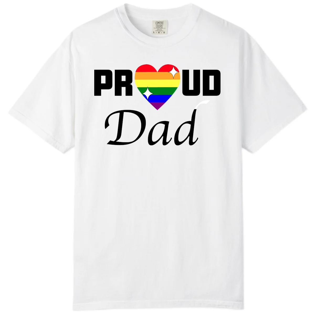 Proud Dad rainbow heart design with pride flag colors and white sparkle accents on gray background in White