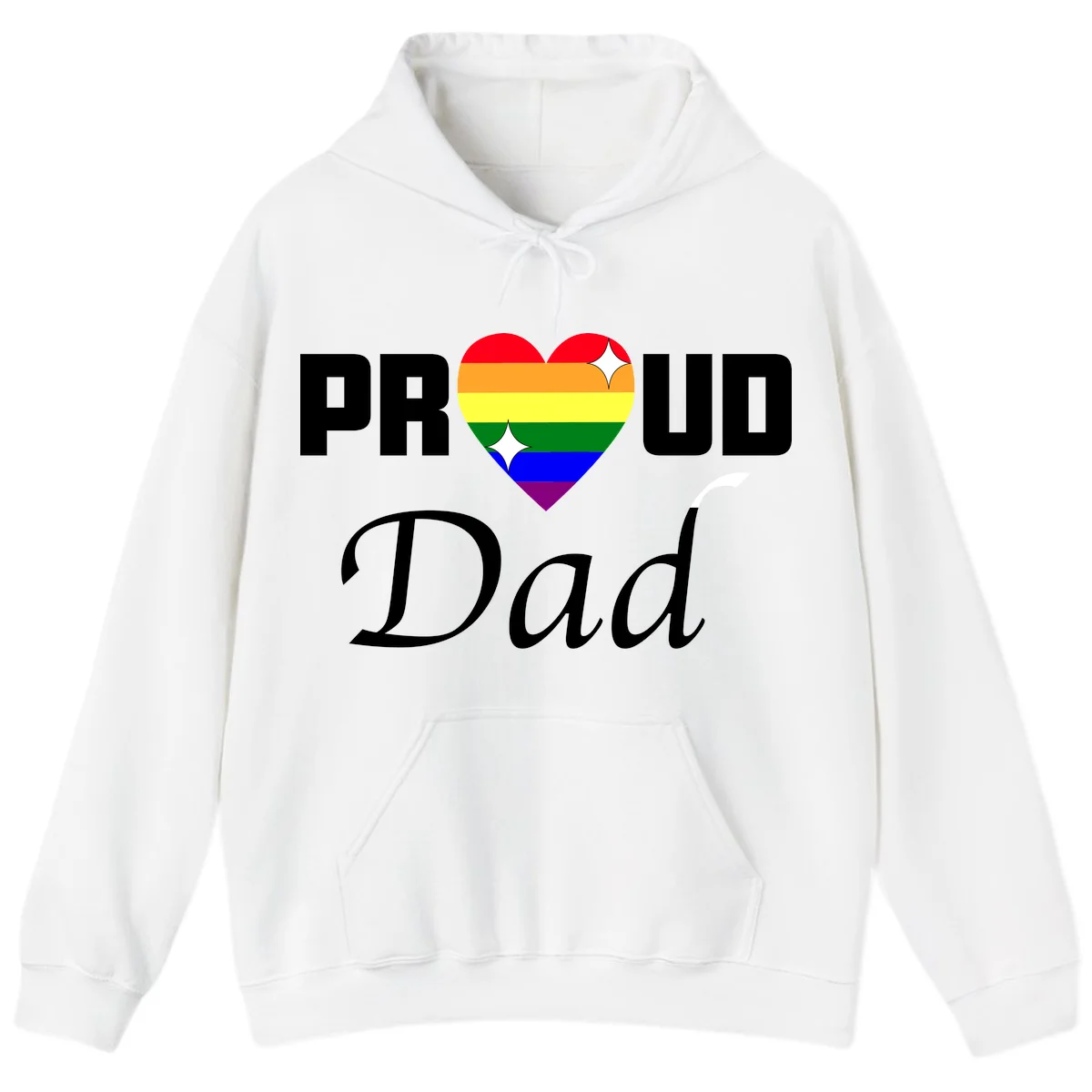 Proud Dad rainbow heart design with pride flag colors and white sparkle accents on gray background in White