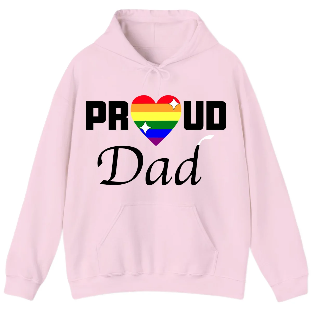 Proud Dad rainbow heart design with pride flag colors and white sparkle accents on gray background in Light Pink
