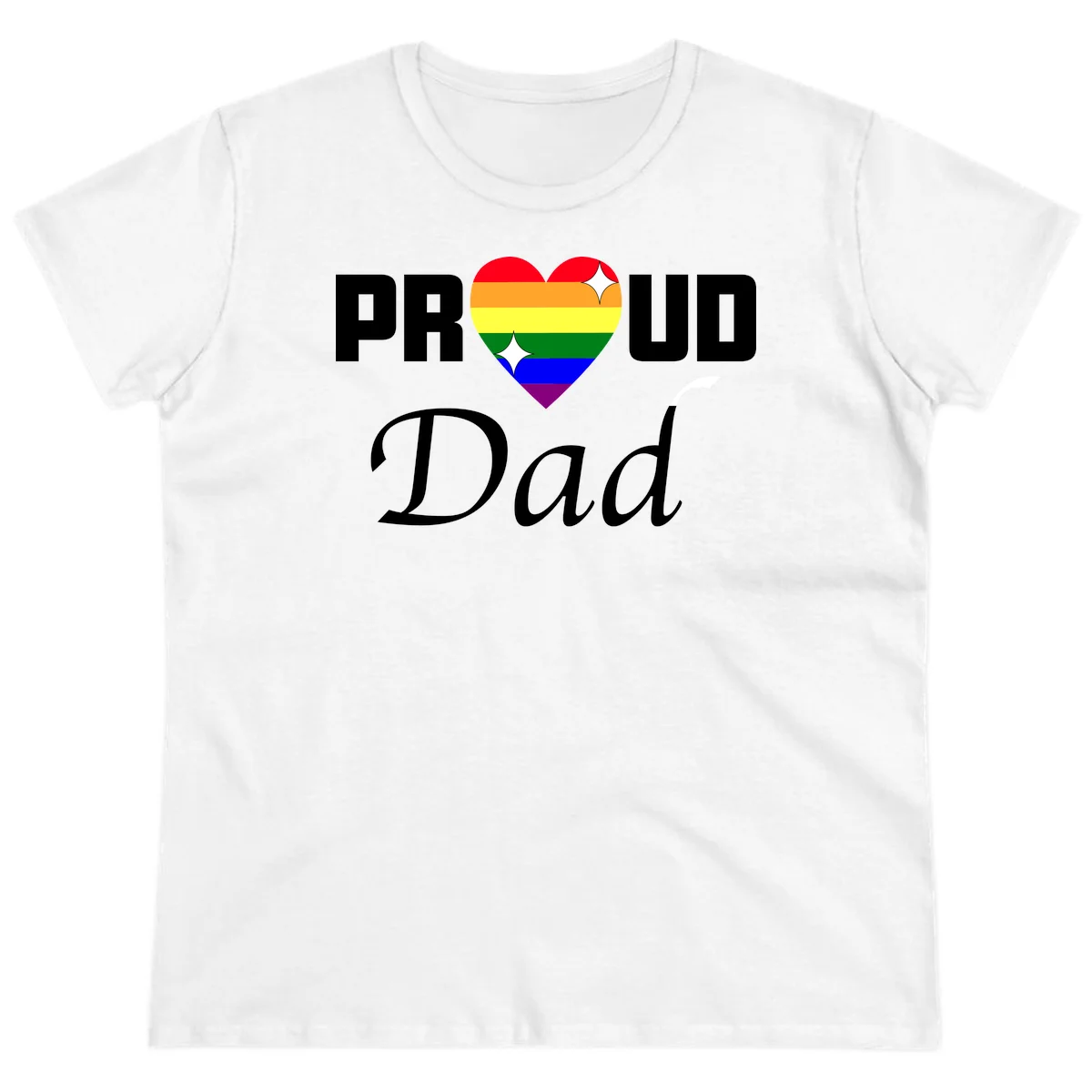 Proud Dad rainbow heart design with pride flag colors and white sparkle accents on gray background in White