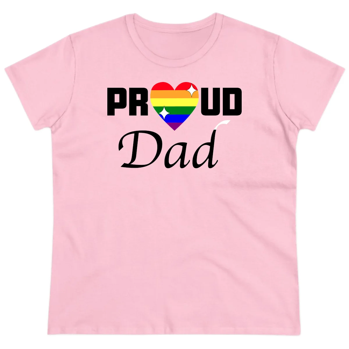 Proud Dad rainbow heart design with pride flag colors and white sparkle accents on gray background in Light Pink