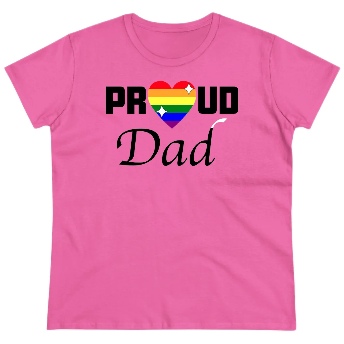 Proud Dad rainbow heart design with pride flag colors and white sparkle accents on gray background in Azalea