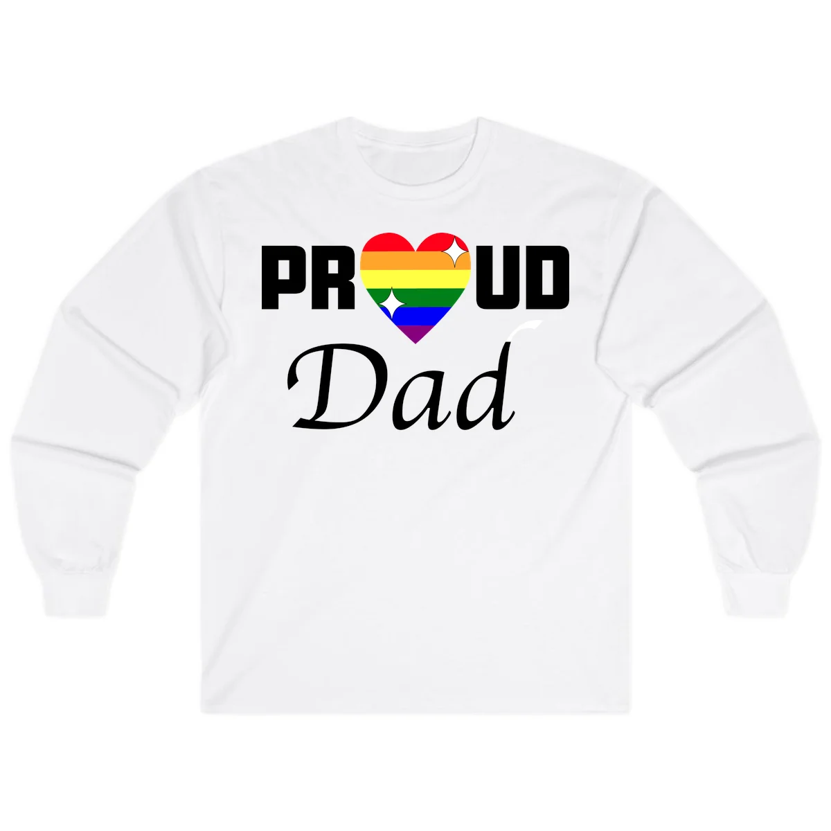Proud Dad rainbow heart design with pride flag colors and white sparkle accents on gray background in White
