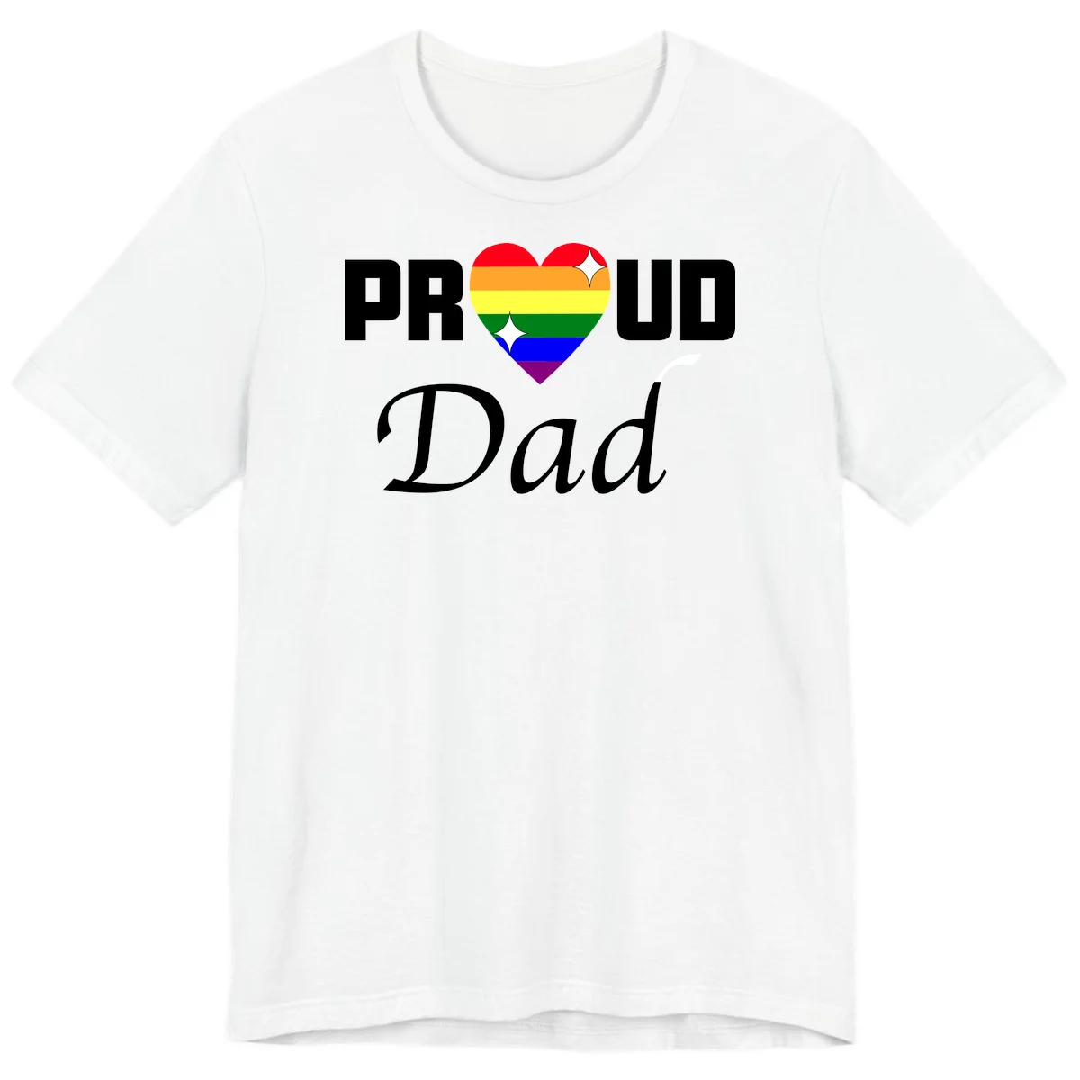 Proud Dad rainbow heart design with pride flag colors and white sparkle accents on gray background in White