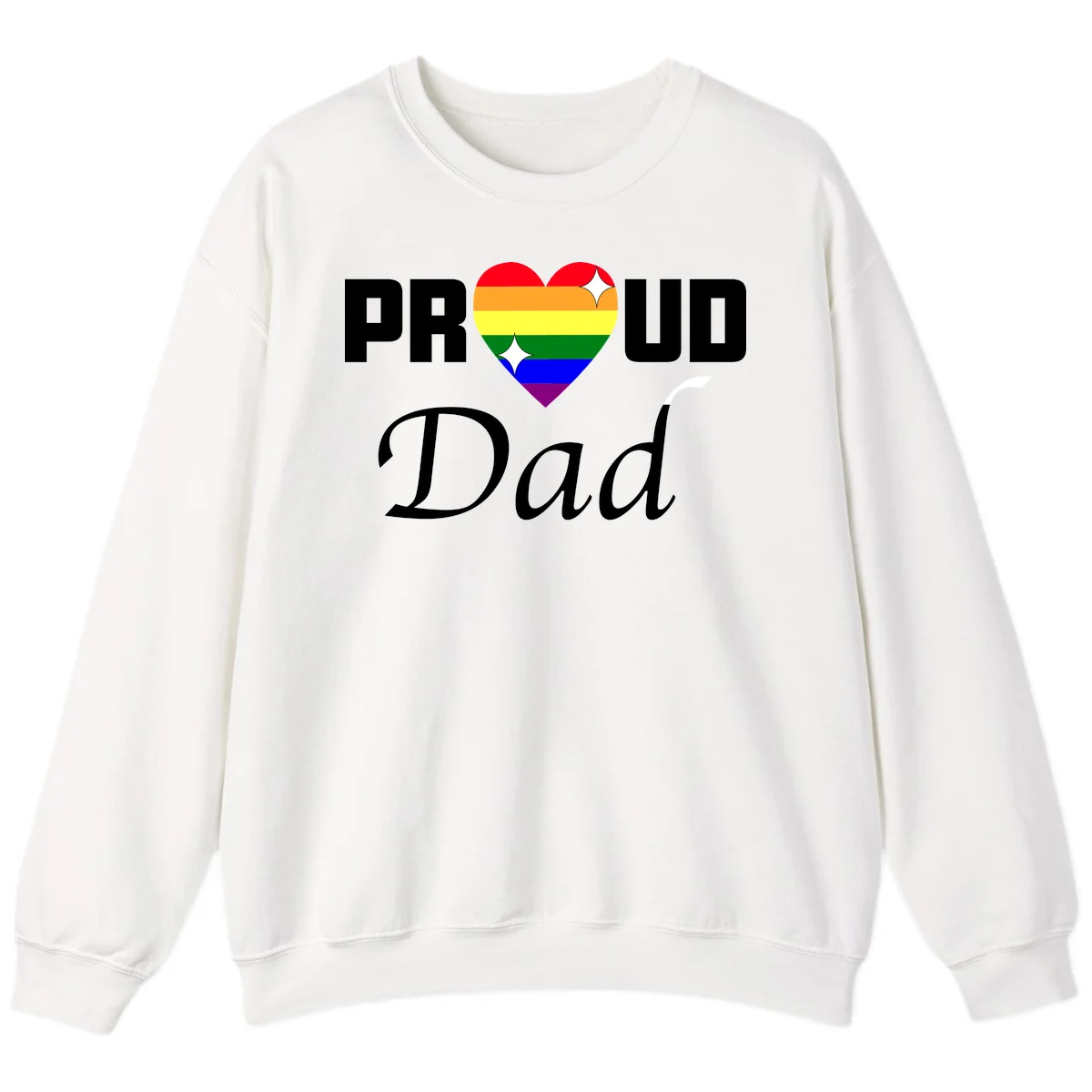 Proud Dad rainbow heart design with pride flag colors and white sparkle accents on gray background in White