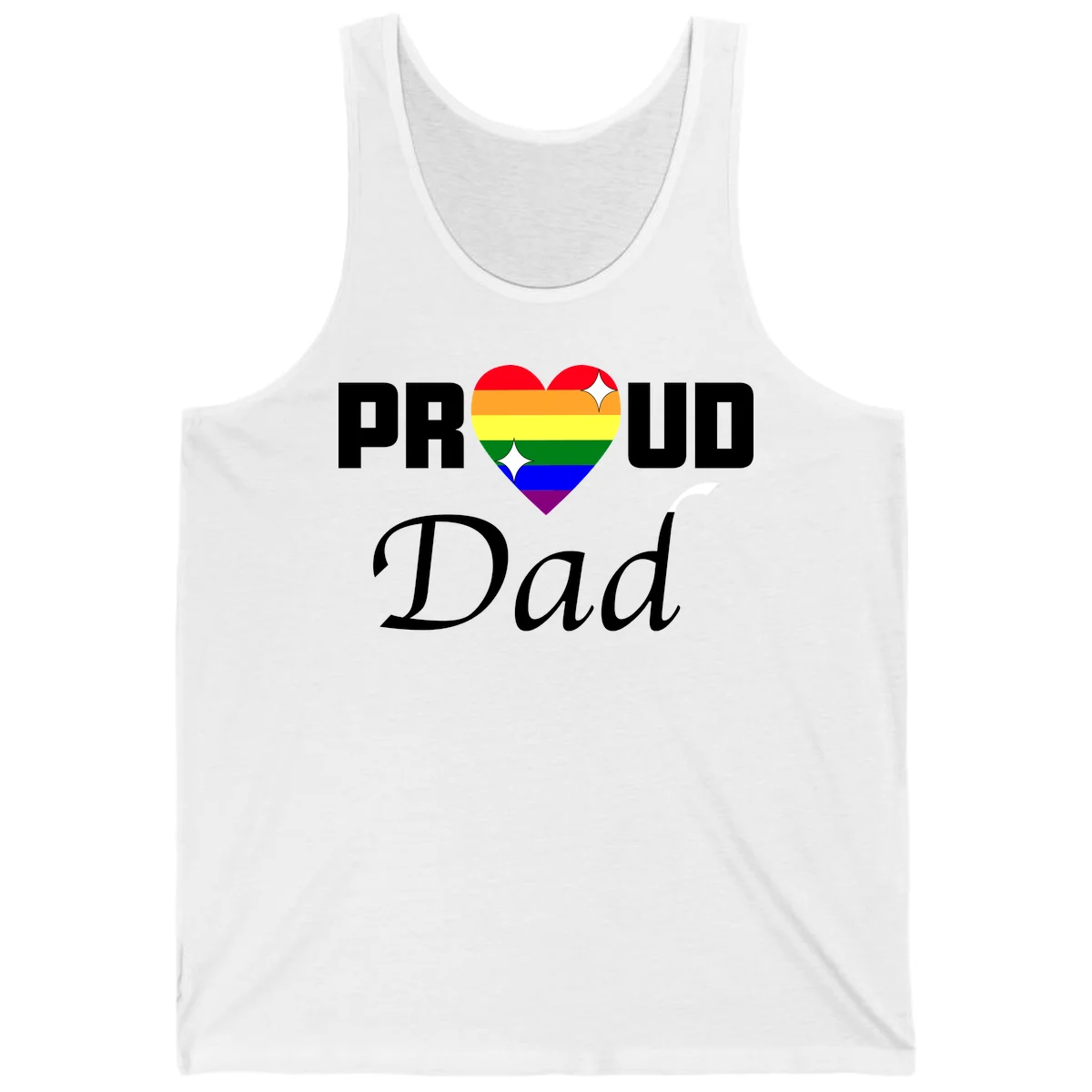 Proud Dad rainbow heart design with pride flag colors and white sparkle accents on gray background in White