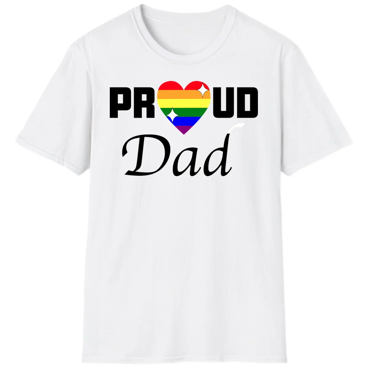 Proud Dad rainbow heart design with pride flag colors and white sparkle accents on gray background in White