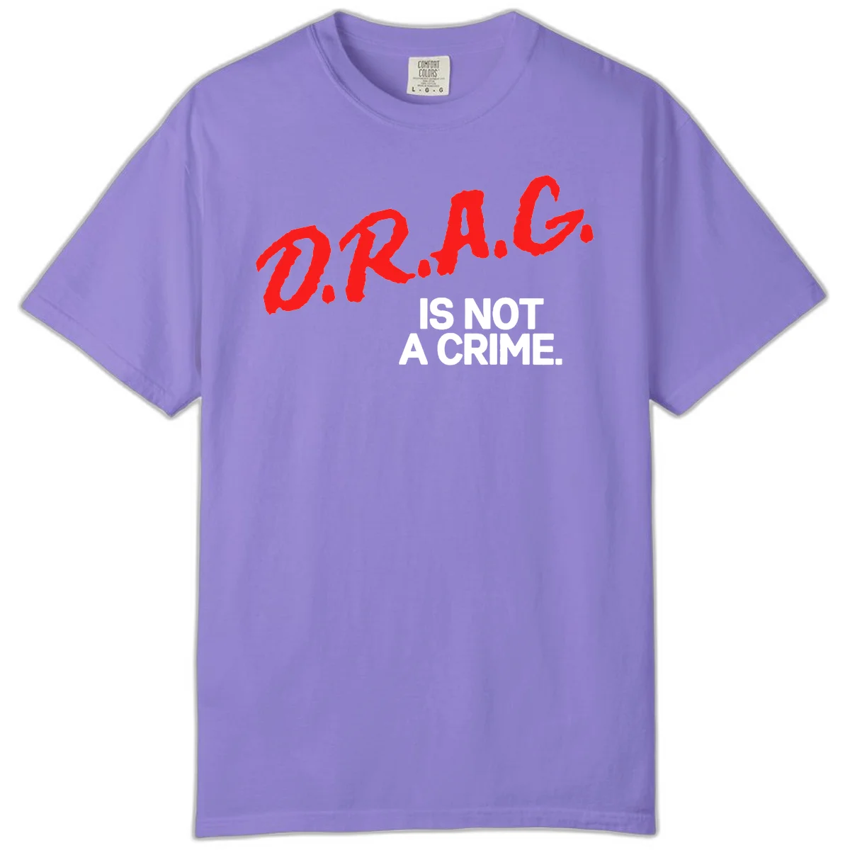 Bold red LGBTQ+ letters with white text reading 'IS NOT A CRIME' on gray background, pride statement design. in Violet