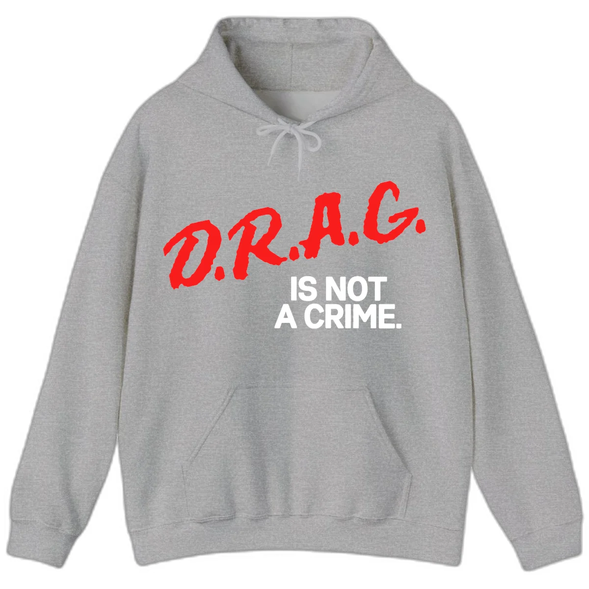 Bold red LGBTQ+ letters with white text reading 'IS NOT A CRIME' on gray background, pride statement design. in Sport Grey