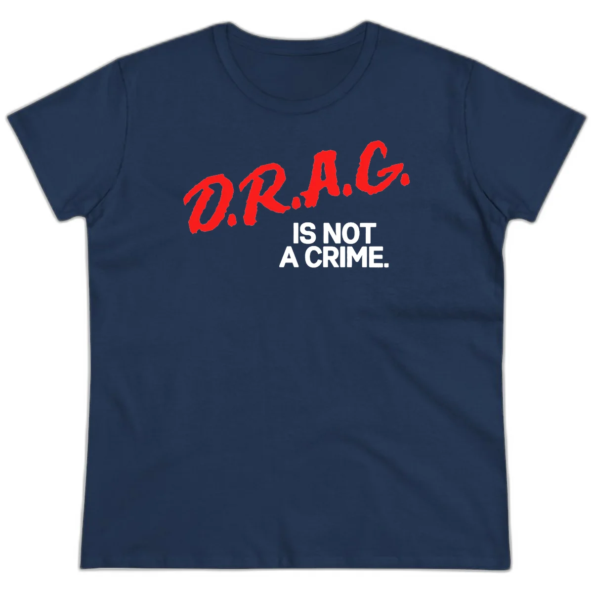 Bold red LGBTQ+ letters with white text reading 'IS NOT A CRIME' on gray background, pride statement design. in Navy