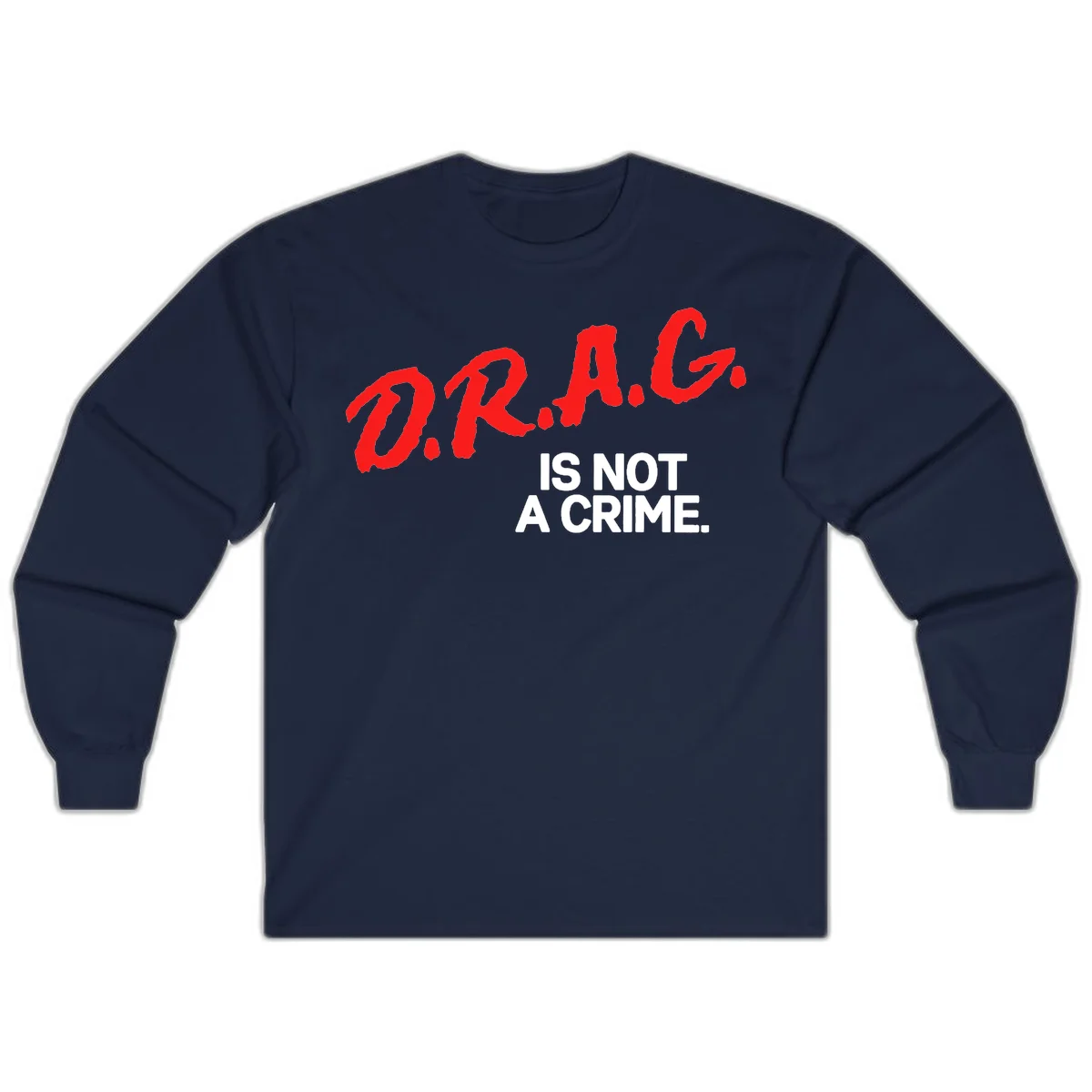 Bold red LGBTQ+ letters with white text reading 'IS NOT A CRIME' on gray background, pride statement design. in Navy
