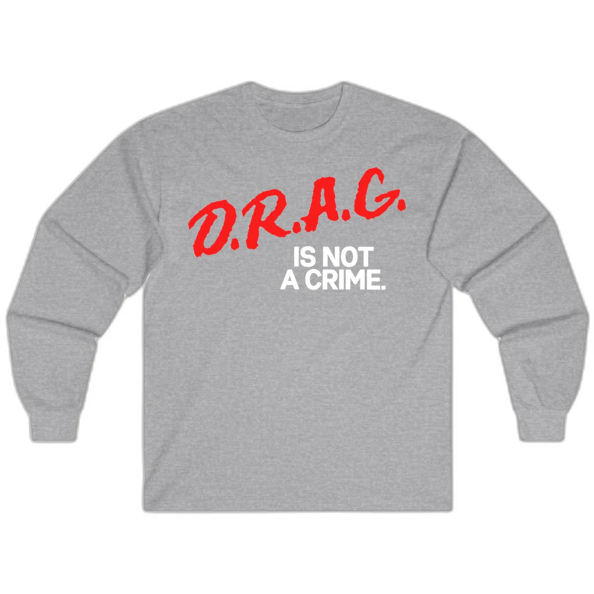 Bold red LGBTQ+ letters with white text reading 'IS NOT A CRIME' on gray background, pride statement design. in Sport Grey