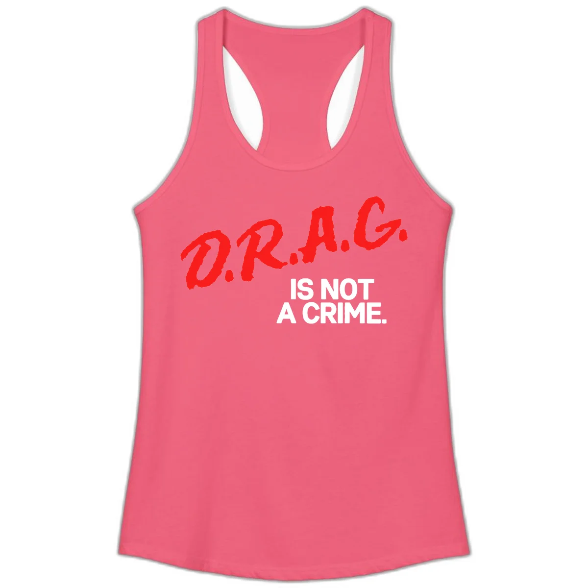 Bold red LGBTQ+ letters with white text reading 'IS NOT A CRIME' on gray background, pride statement design. in Hot Pink