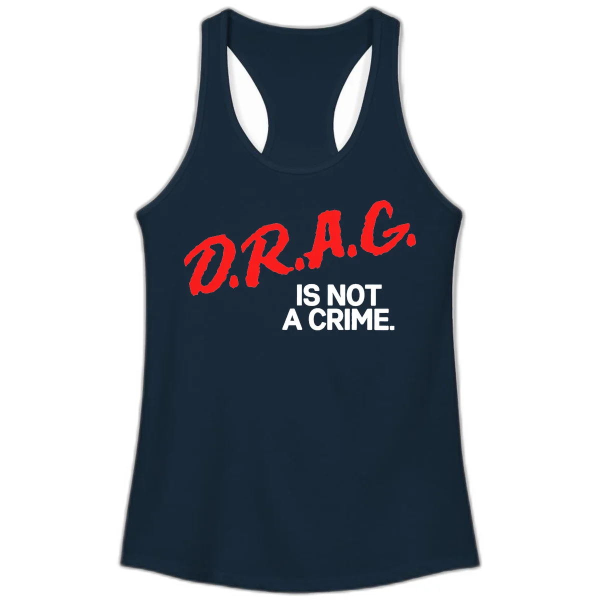 Bold red LGBTQ+ letters with white text reading 'IS NOT A CRIME' on gray background, pride statement design. in Solid Midnight Navy