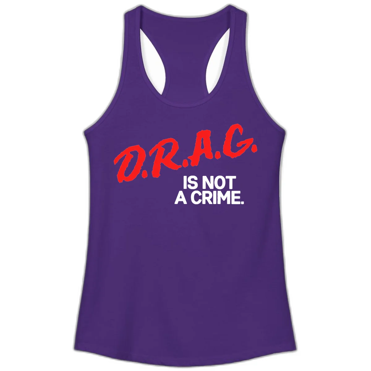 Bold red LGBTQ+ letters with white text reading 'IS NOT A CRIME' on gray background, pride statement design. in Solid Purple Rush