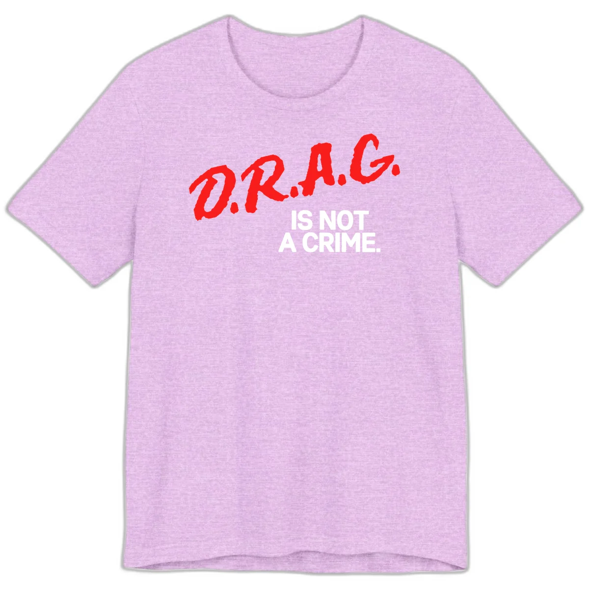 Bold red LGBTQ+ letters with white text reading 'IS NOT A CRIME' on gray background, pride statement design. in Heather Prism Lilac