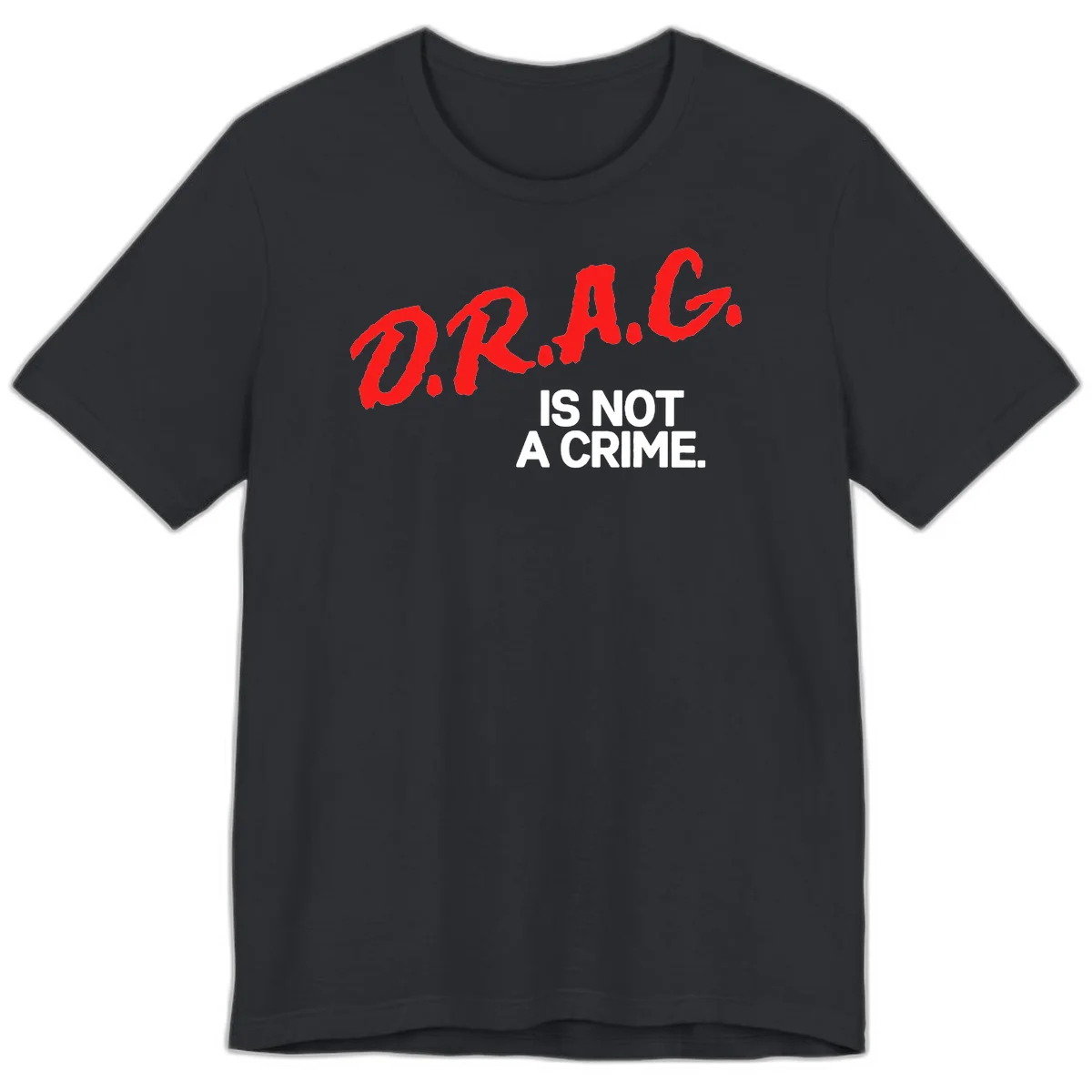 Bold red LGBTQ+ letters with white text reading 'IS NOT A CRIME' on gray background, pride statement design. in Vintage Black
