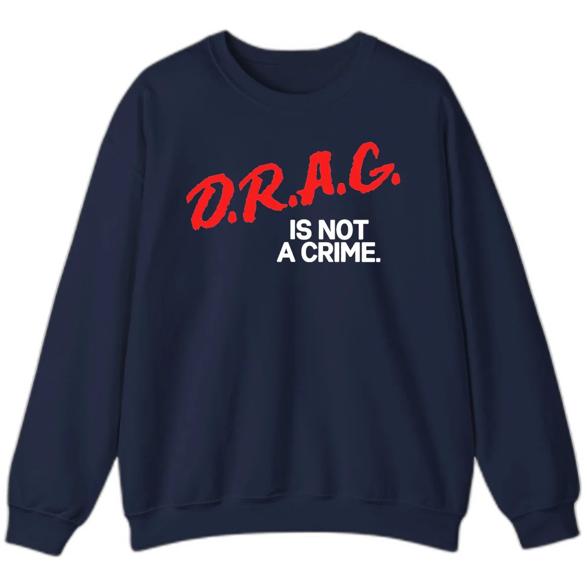Bold red LGBTQ+ letters with white text reading 'IS NOT A CRIME' on gray background, pride statement design. in Navy
