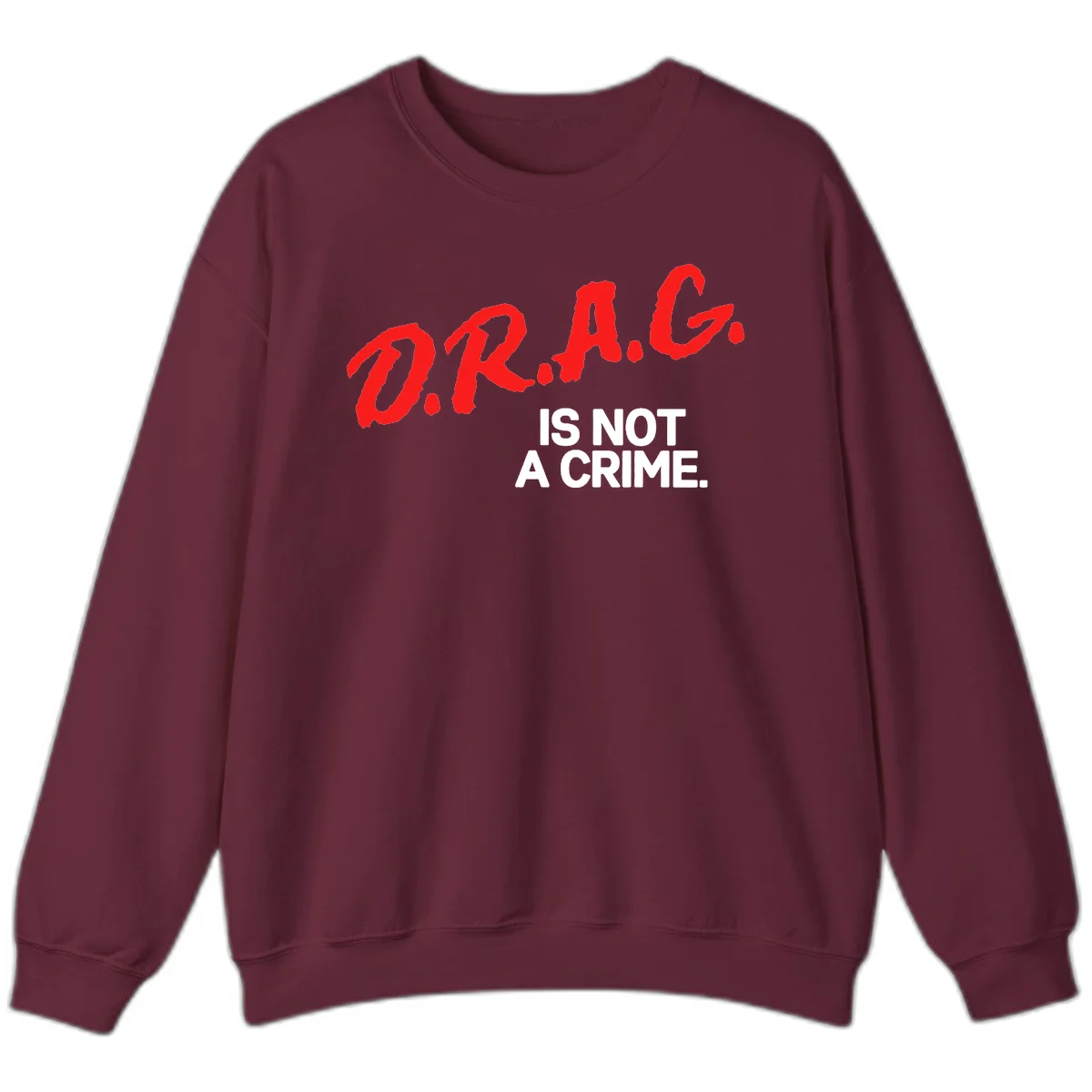 Bold red LGBTQ+ letters with white text reading 'IS NOT A CRIME' on gray background, pride statement design. in Maroon
