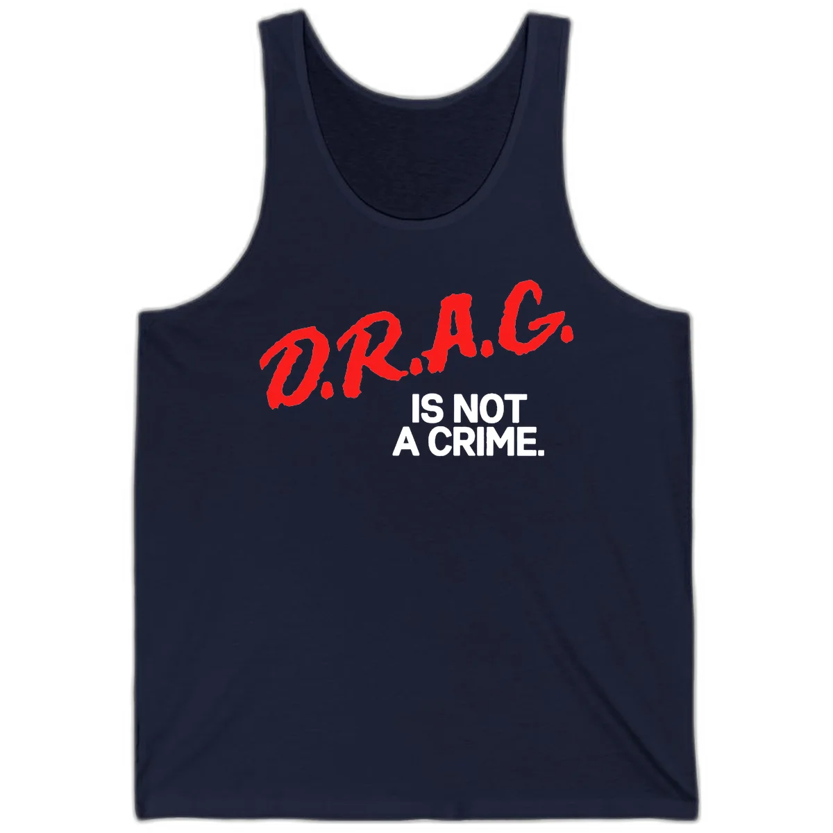 Bold red LGBTQ+ letters with white text reading 'IS NOT A CRIME' on gray background, pride statement design. in Navy