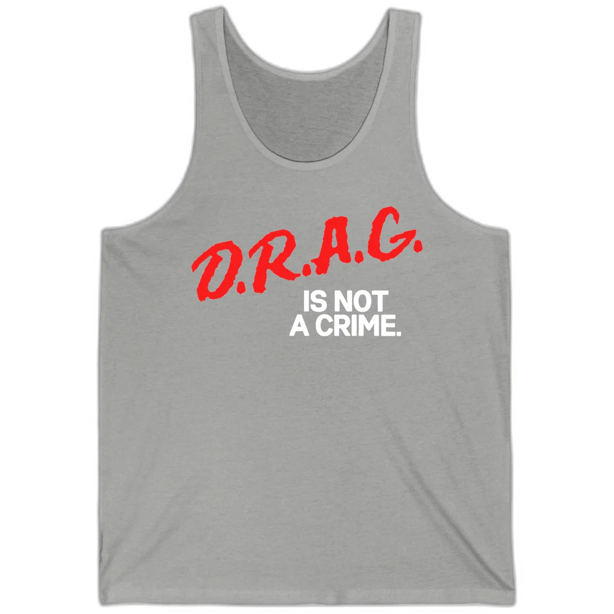 Bold red LGBTQ+ letters with white text reading 'IS NOT A CRIME' on gray background, pride statement design. in Athletic Heather