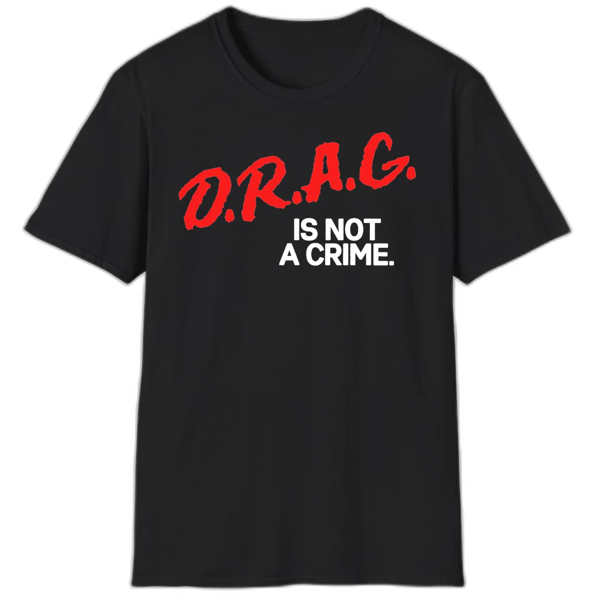 Bold red LGBTQ+ letters with white text reading 'IS NOT A CRIME' on gray background, pride statement design. in Black