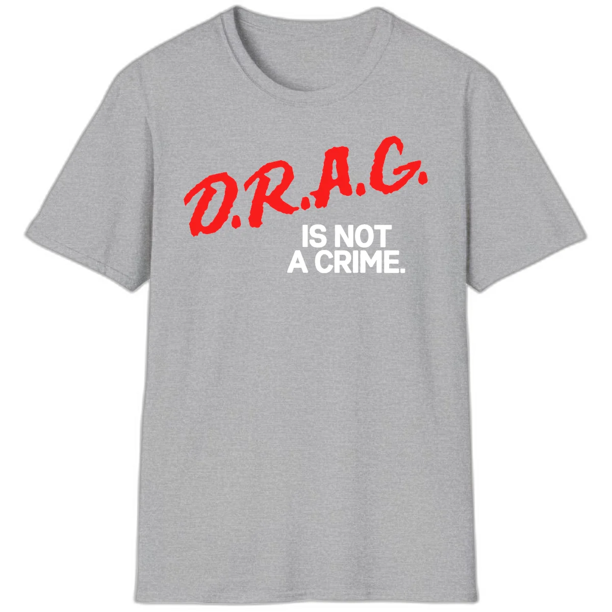 Bold red LGBTQ+ letters with white text reading 'IS NOT A CRIME' on gray background, pride statement design. in Sport Grey