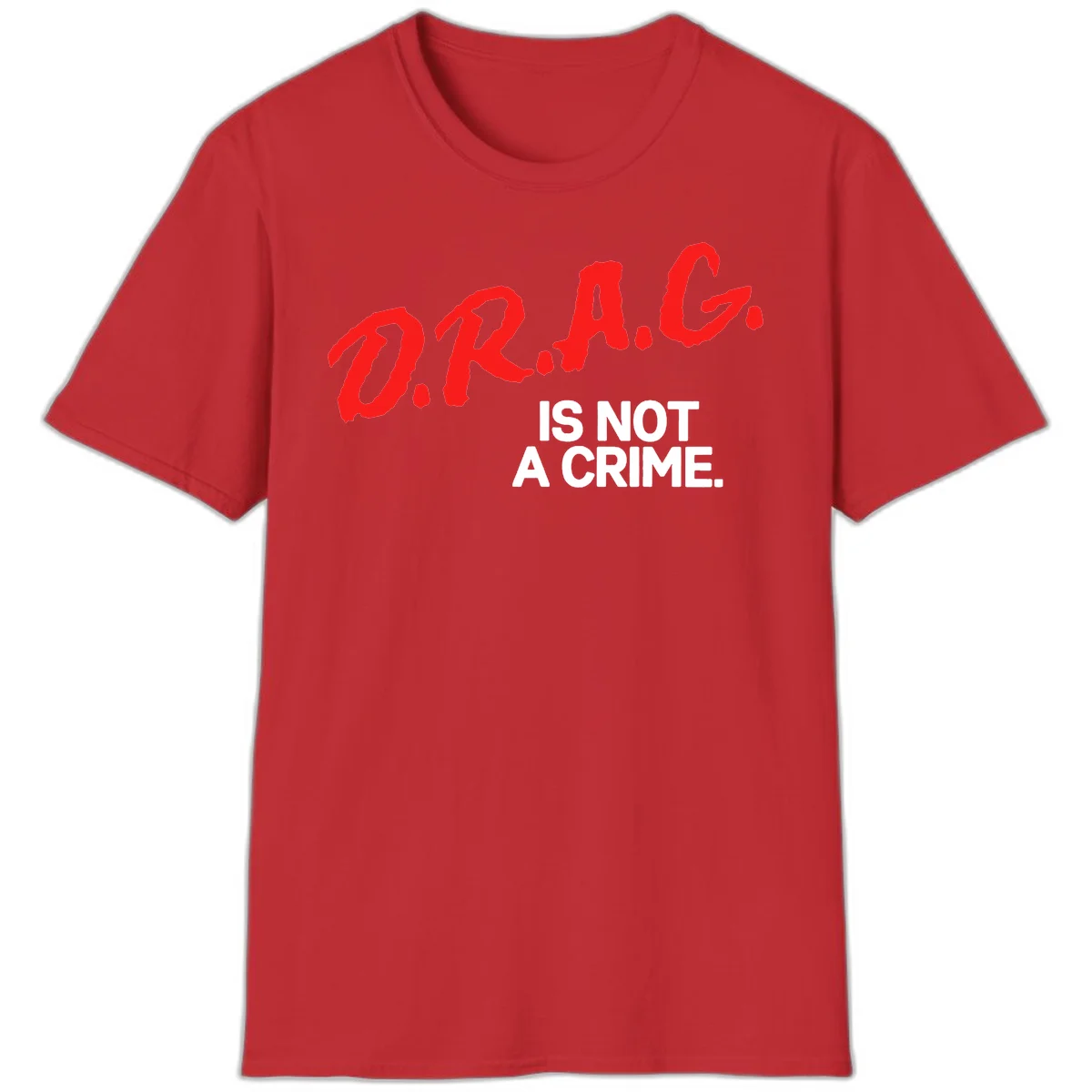Bold red LGBTQ+ letters with white text reading 'IS NOT A CRIME' on gray background, pride statement design. in Red