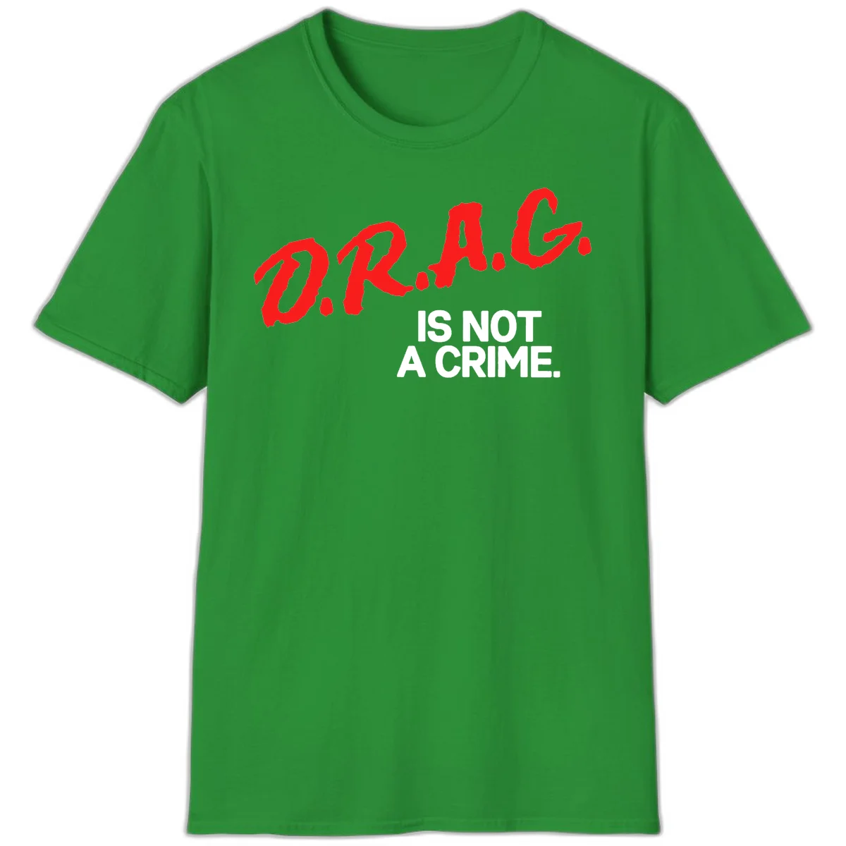 Bold red LGBTQ+ letters with white text reading 'IS NOT A CRIME' on gray background, pride statement design. in Irish Green