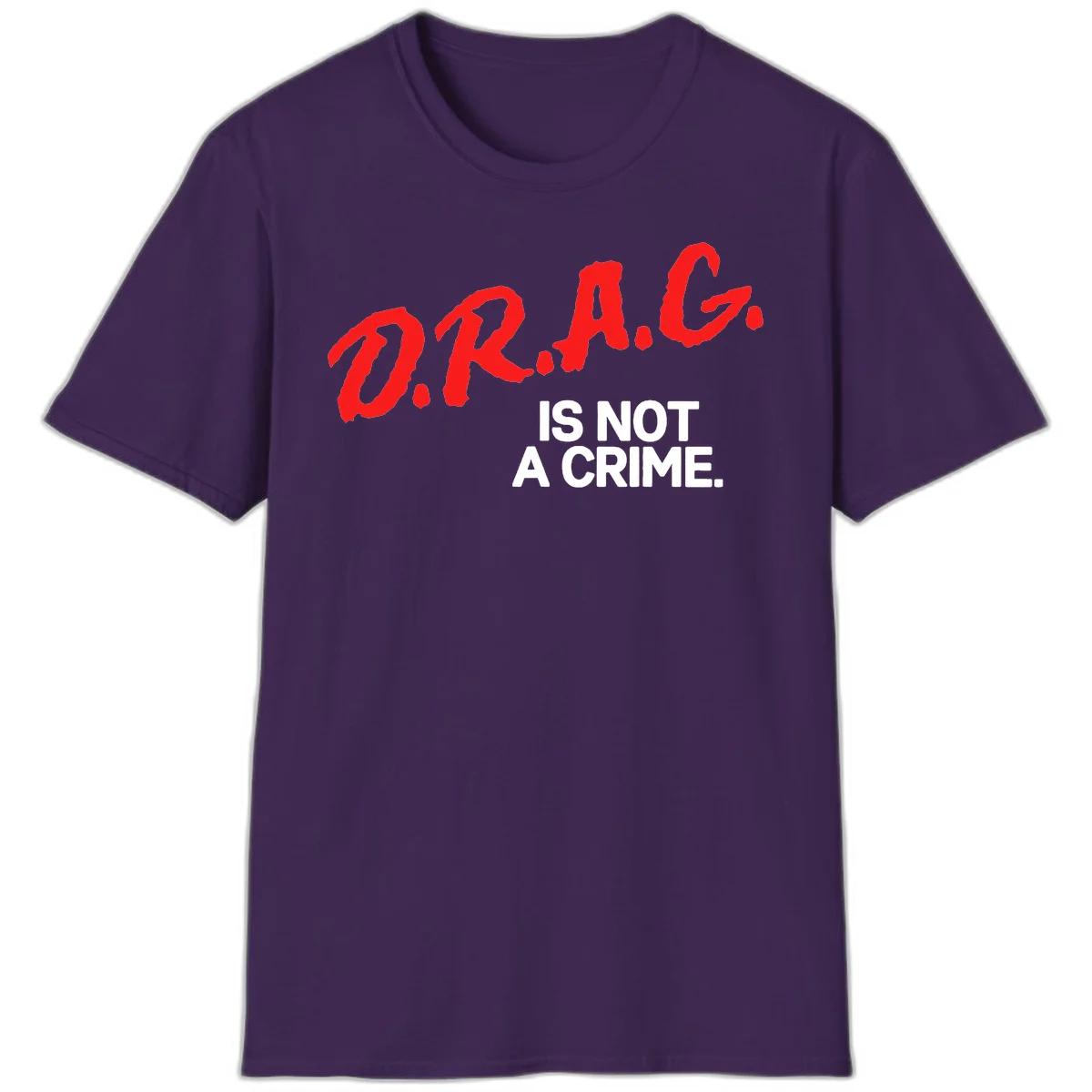 Bold red LGBTQ+ letters with white text reading 'IS NOT A CRIME' on gray background, pride statement design. in Purple