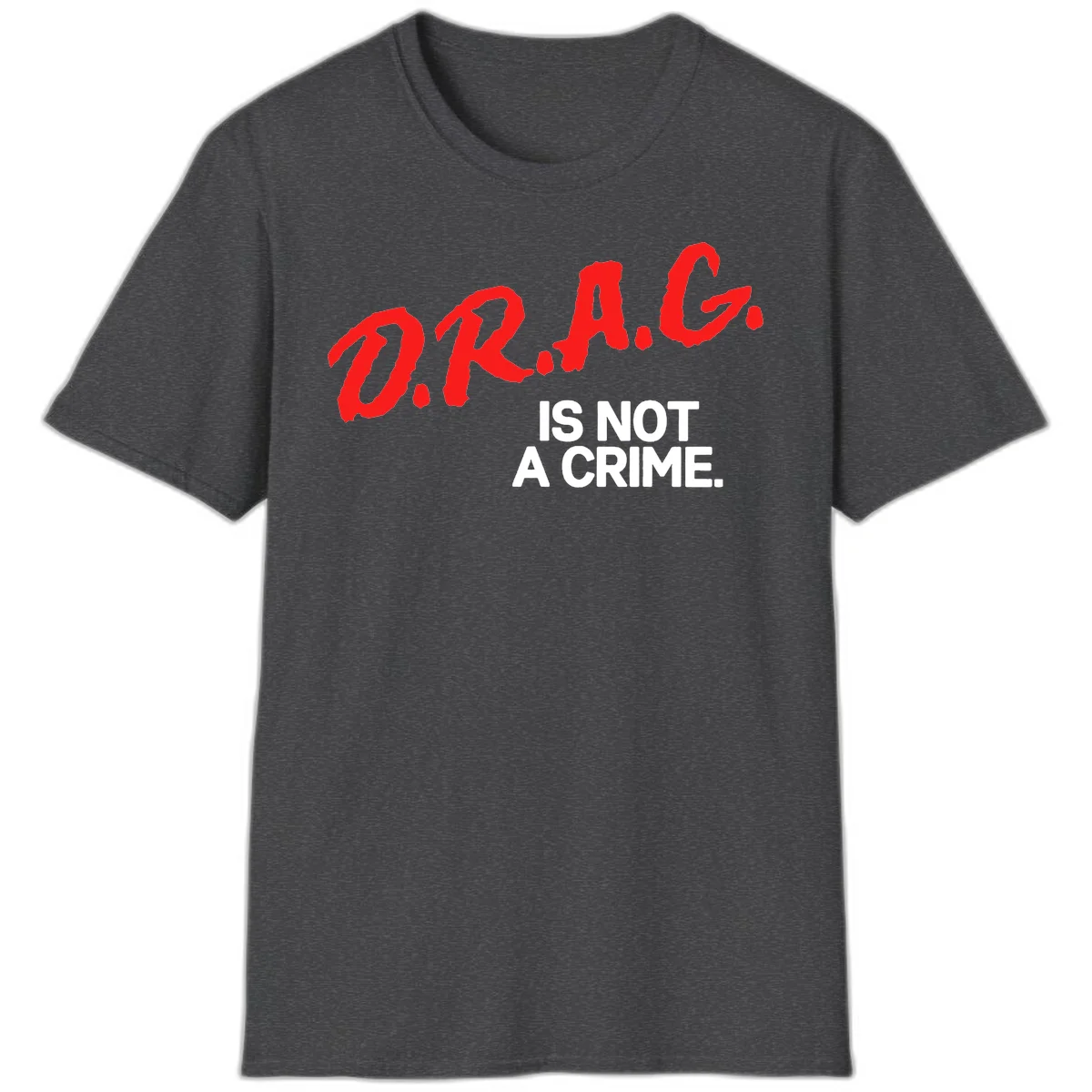 Bold red LGBTQ+ letters with white text reading 'IS NOT A CRIME' on gray background, pride statement design. in Dark Heather