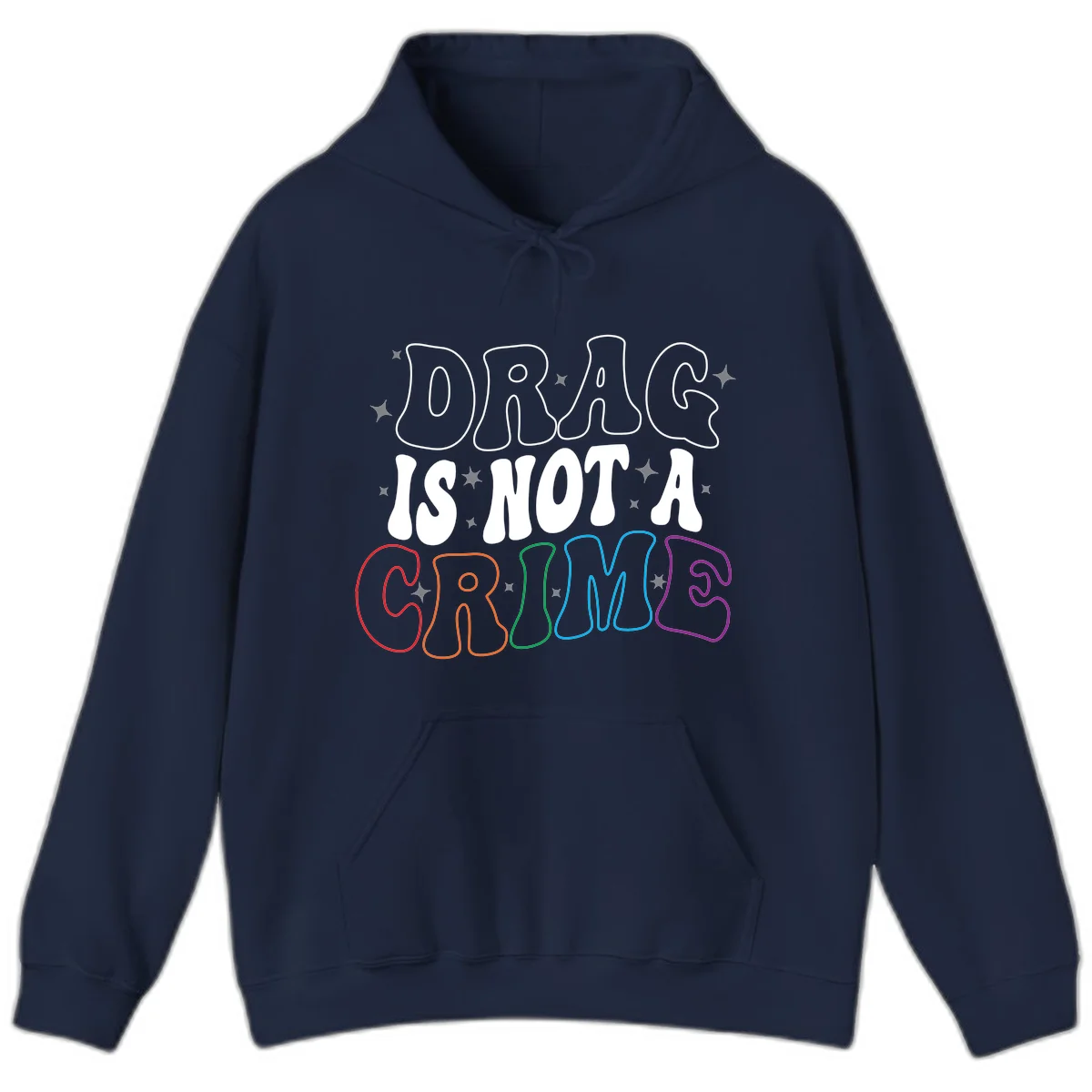 Drug is not a crime design with rainbow pride colored letters on gray background, promoting social justice and harm reduction advocacy in Navy